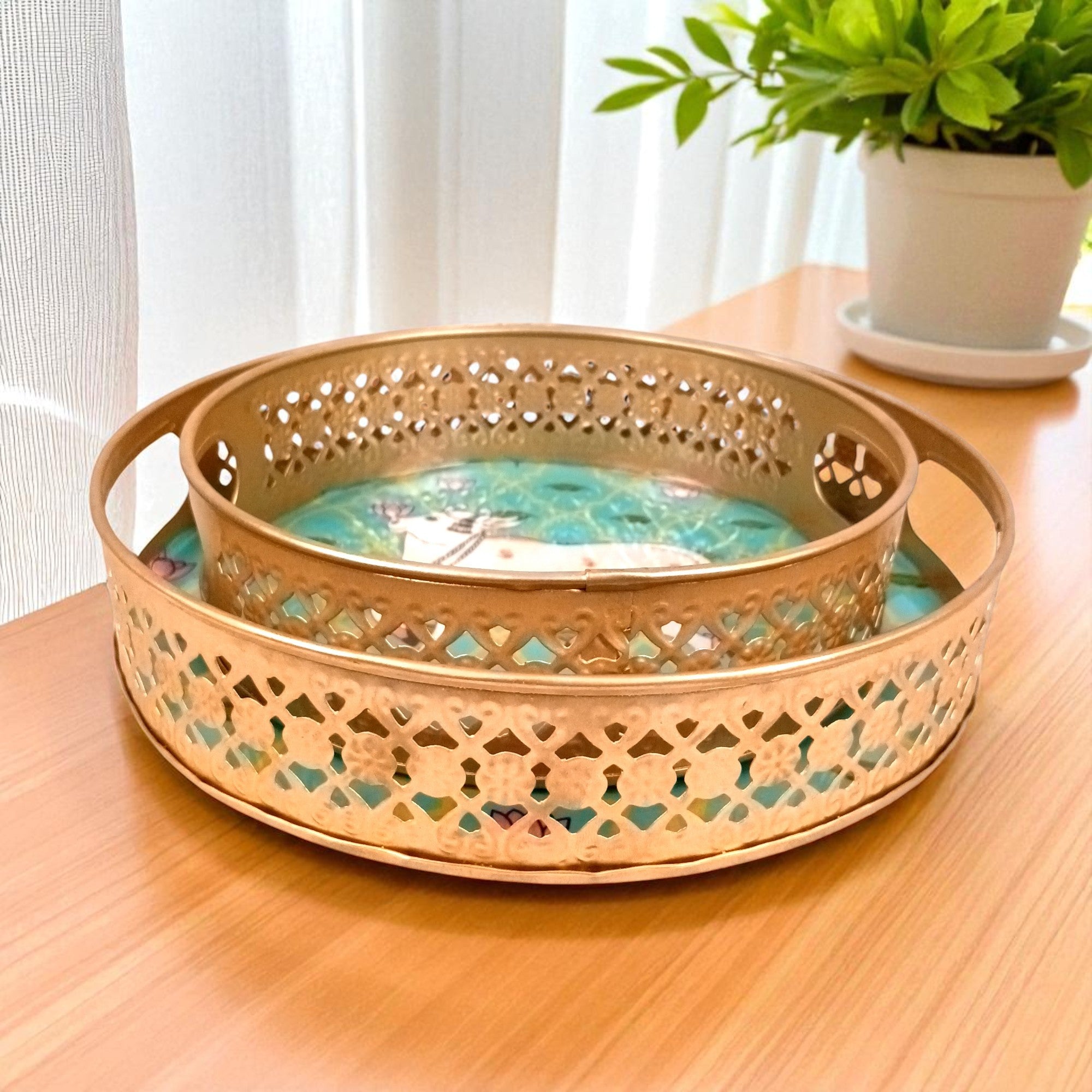 Round Serving Tray Set | Tray for Kitchen & Home Decor | Decorative Handicraft Tray | Beautiful Diwali Gift | Elegant Tray Set for Dining- 10 Inch (Set Of 2) - Apkamart