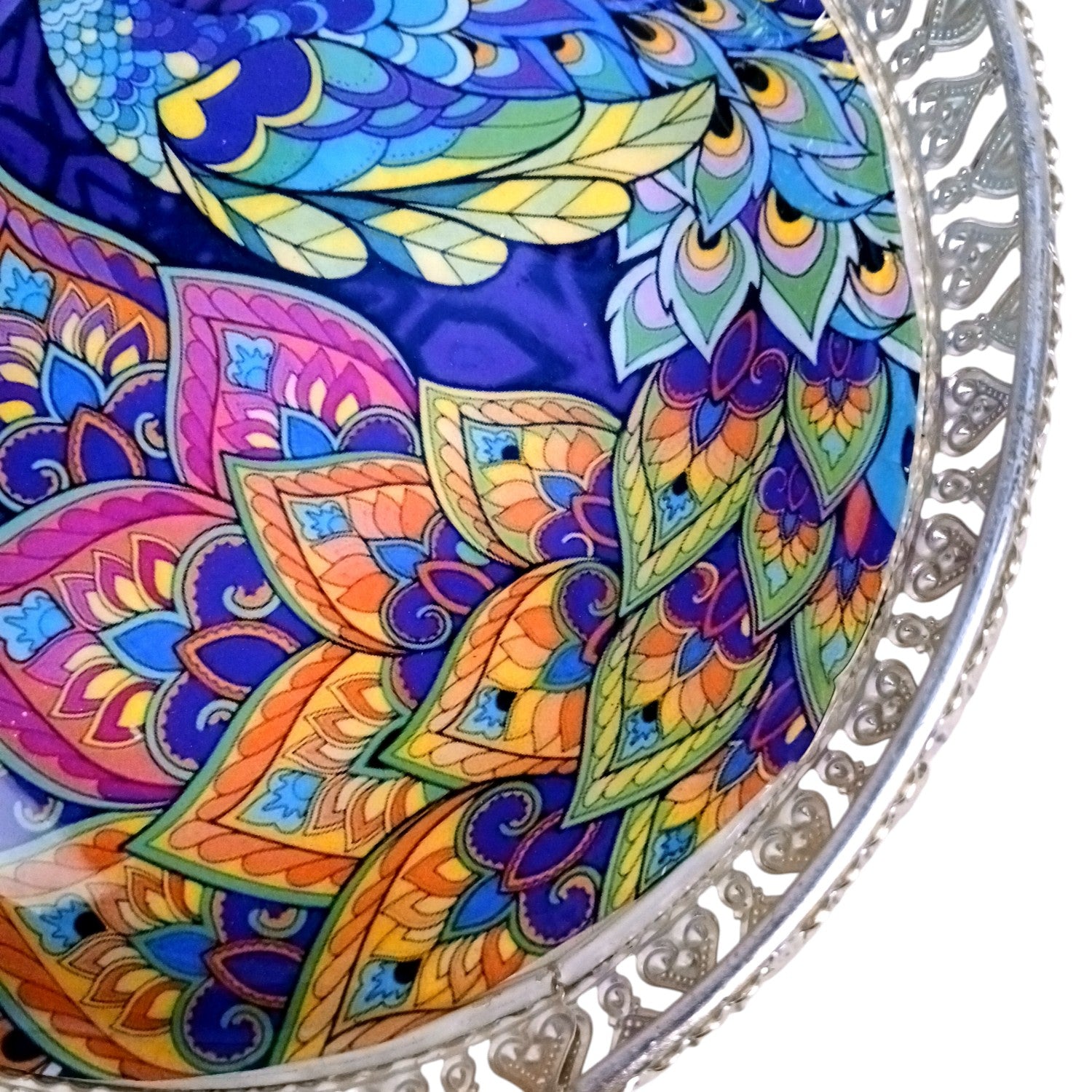 Round Serving Tray | Tray for Kitchen & Home Decor | Peacock Design| Handcrafted Decorative Tray | Beautiful Tray for Dining & Center Table - 8 Inch - Apkamart
