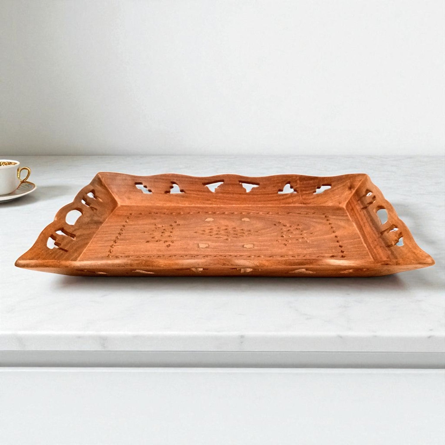 Decorative Tray | Serving Tray & Platters | Wooden Trays With Handle - For Home, Dining Table Organization, Kitchen & Gifts - 15 Inch - Apkamart