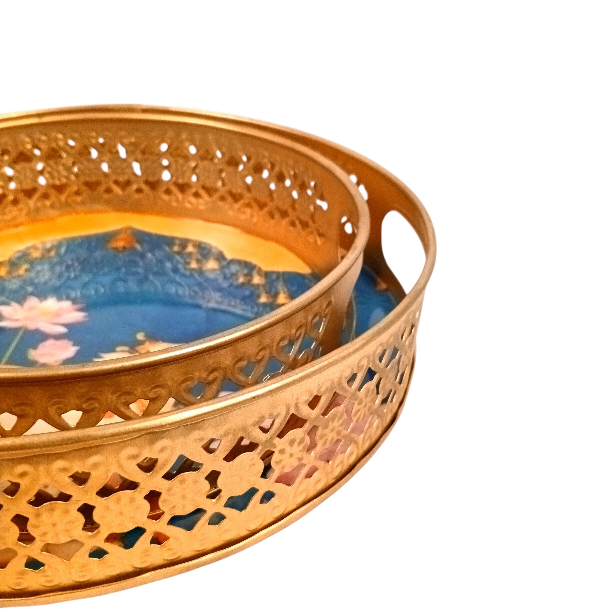 Round Serving Tray Set | Tray for Kitchen & Home Decor | Decorative Handicraft Tray | Beautiful Diwali Gift | Elegant Tray Set for Dining- 10 Inch (Set Of 2) - Apkamart