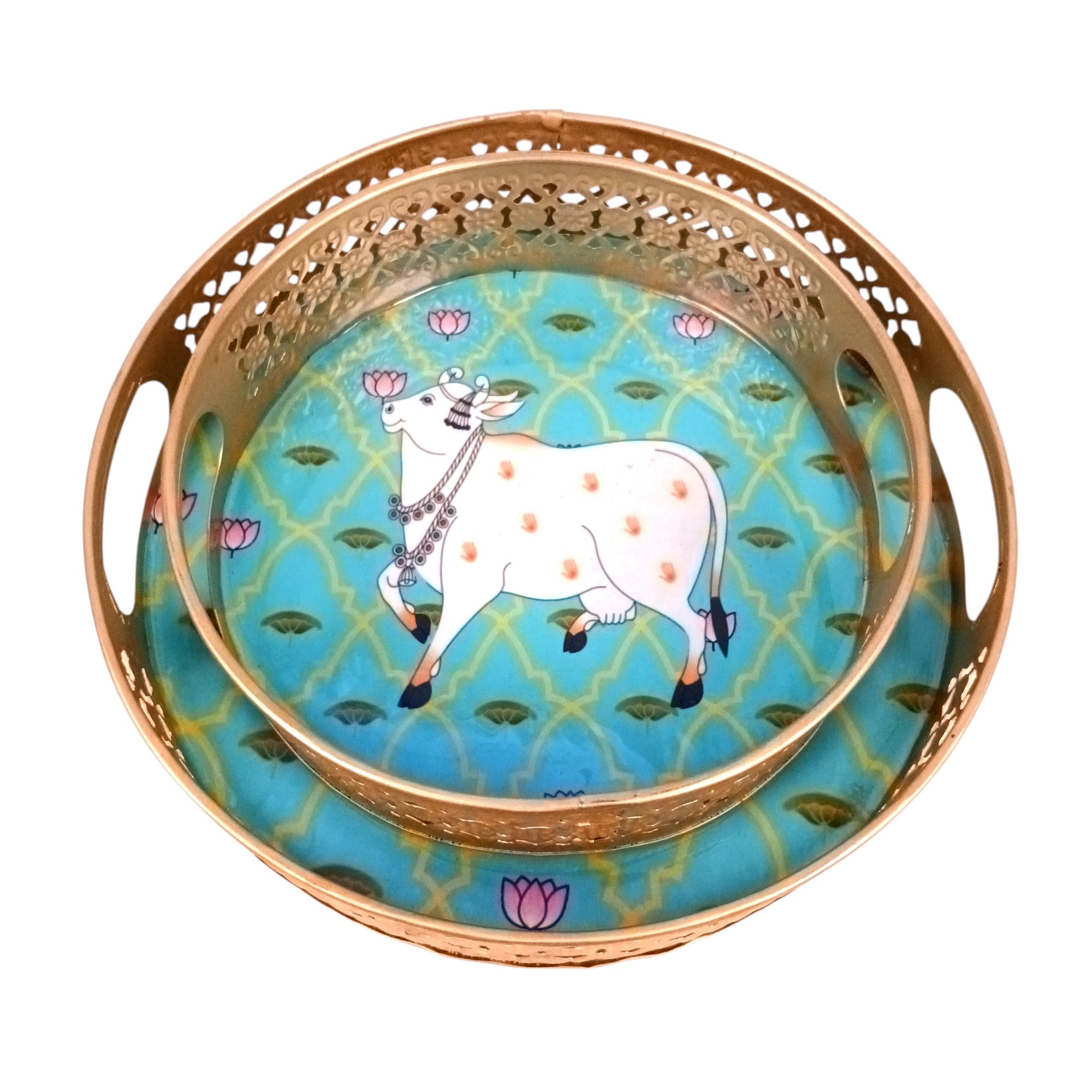 Round Serving Tray Set | Tray for Kitchen & Home Decor | Decorative Handicraft Tray | Beautiful Diwali Gift | Elegant Tray Set for Dining- 10 Inch (Set Of 2) - Apkamart