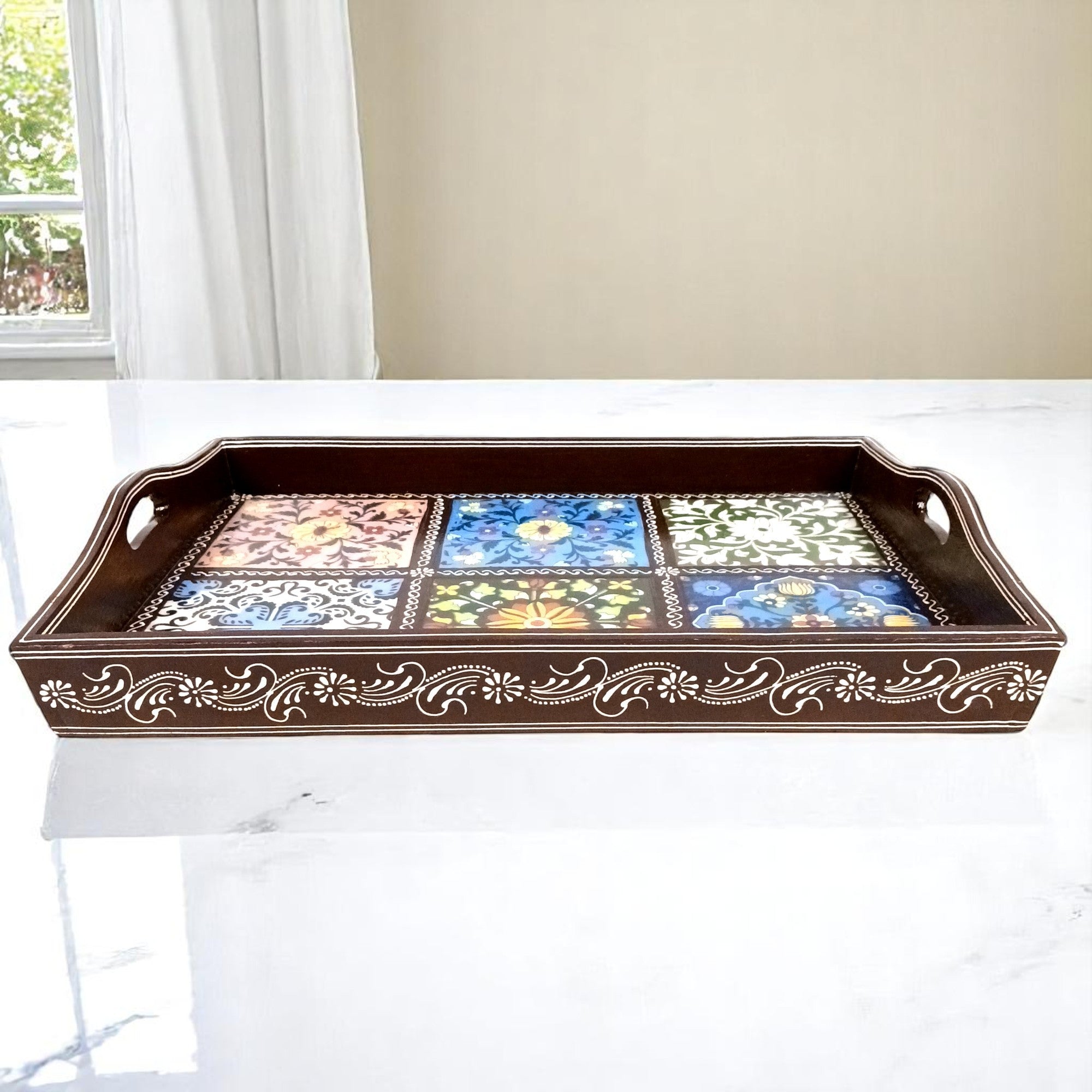 Serving Tray With Ceramic Tiles | Big Wooden Platter for Serving Whole Meal | Large Tray With Handles - for Home, Dining Table, Kitchen Decor, Restaurants, Hotels, Cafe & Gifts - 21 Inch - Apkamart #Style_Design 1
