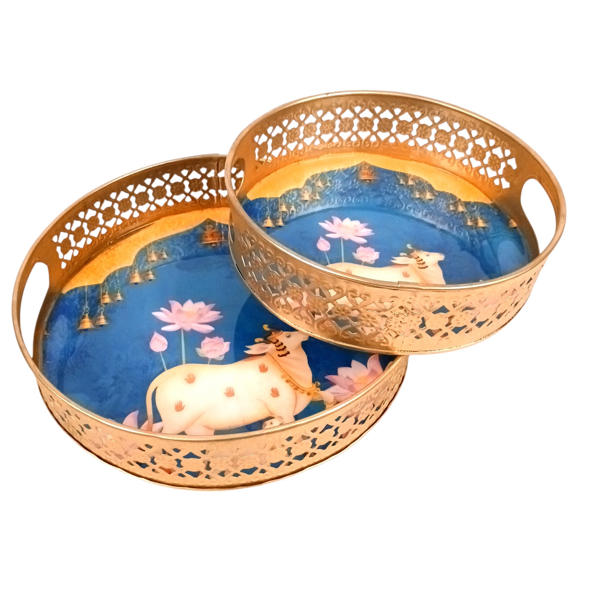 Round Serving Tray Set | Tray for Kitchen & Home Decor | Decorative Handicraft Tray | Beautiful Diwali Gift | Elegant Tray Set for Dining- 10 Inch (Set Of 2) - Apkamart