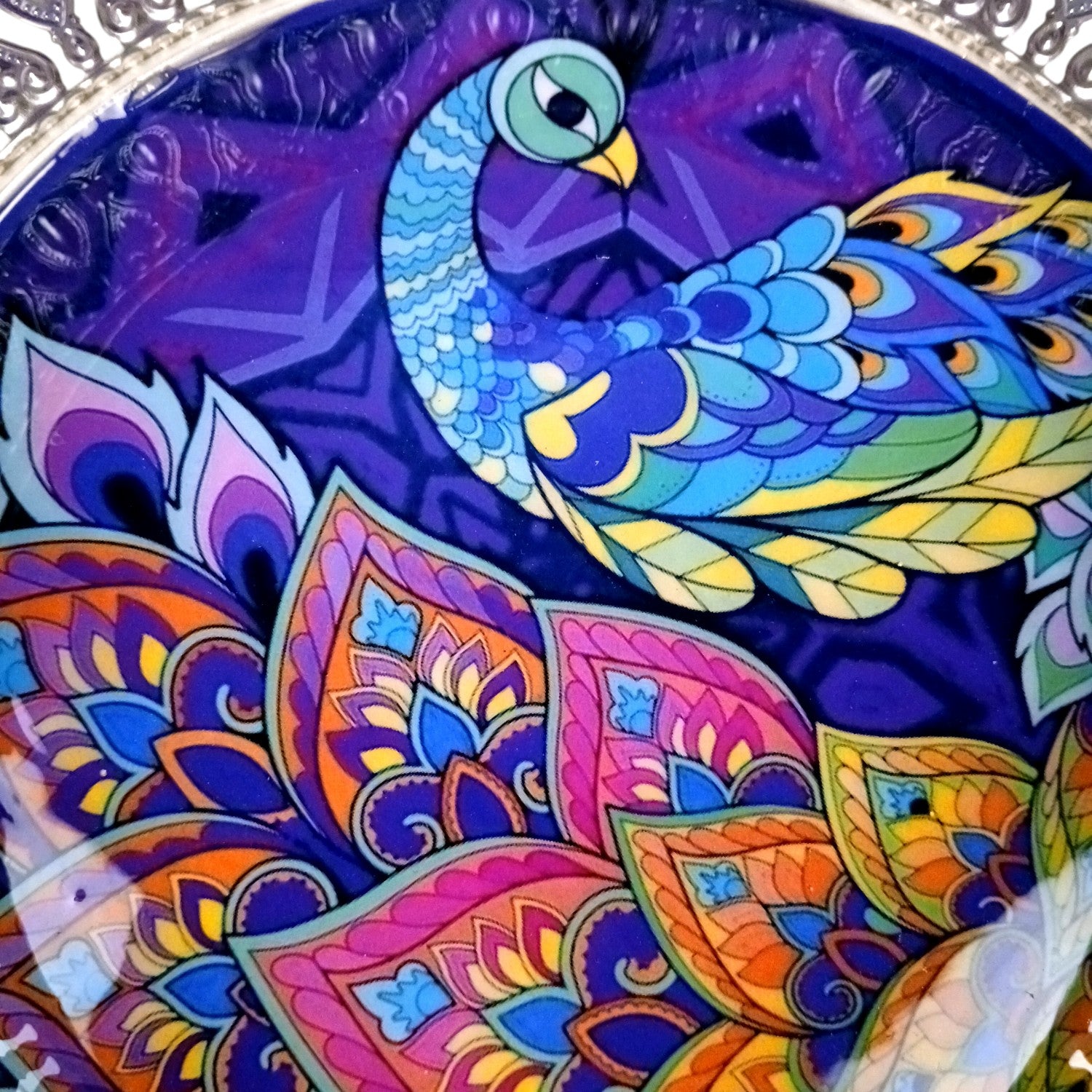 Round Serving Tray | Tray for Kitchen & Home Decor | Peacock Design| Handcrafted Decorative Tray | Beautiful Tray for Dining & Center Table - 8 Inch - Apkamart