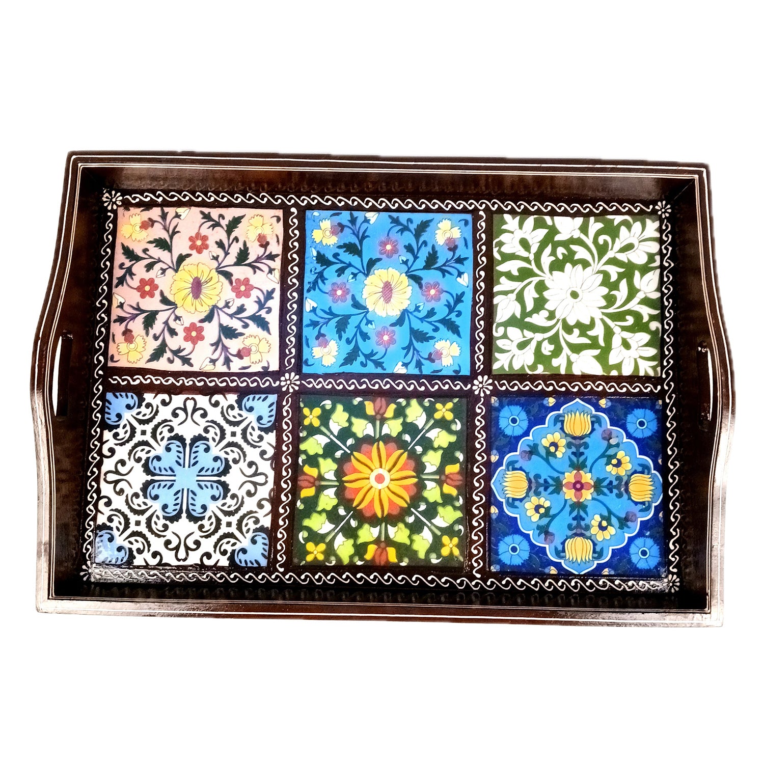 Serving Tray With Ceramic Tiles | Big Wooden Platter for Serving Whole Meal | Large Tray With Handles - for Home, Dining Table, Kitchen Decor, Restaurants, Hotels, Cafe & Gifts - 21 Inch - Apkamart #Style_Design 1