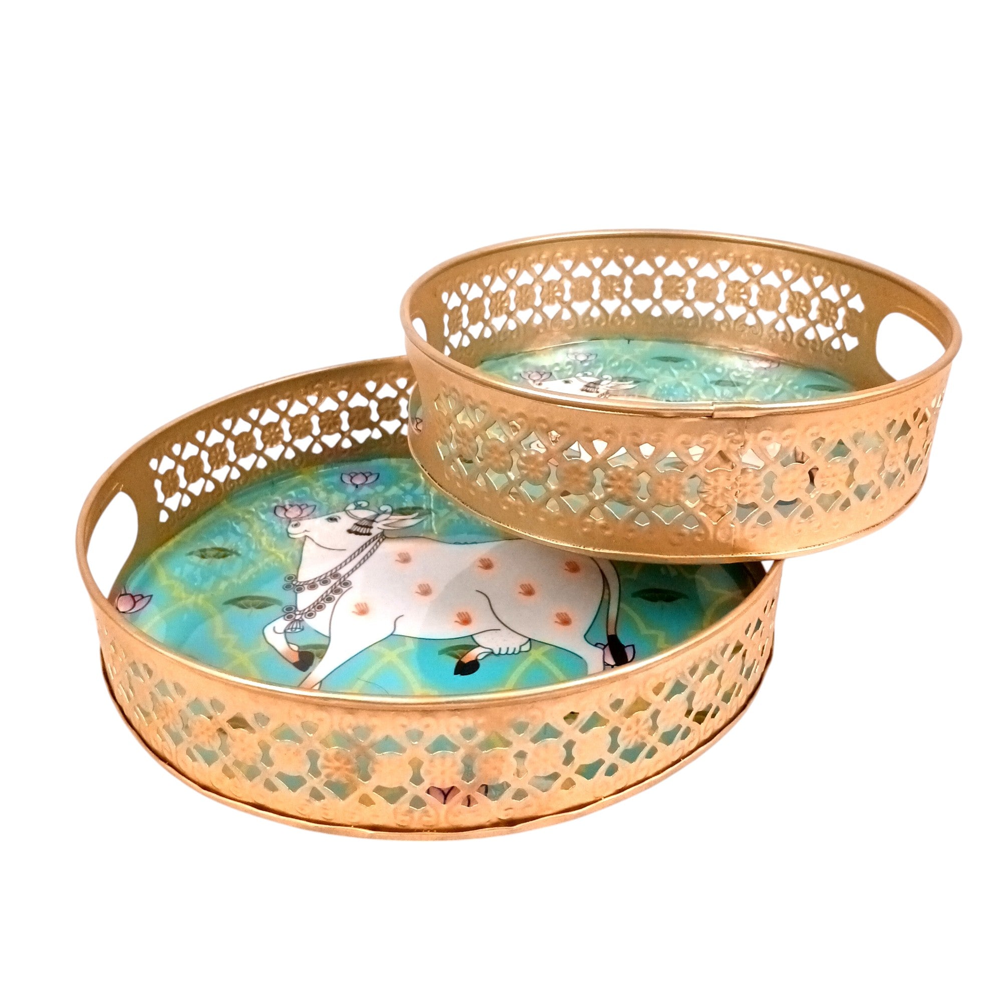 Round Serving Tray Set | Tray for Kitchen & Home Decor | Decorative Handicraft Tray | Beautiful Diwali Gift | Elegant Tray Set for Dining- 10 Inch (Set Of 2) - Apkamart