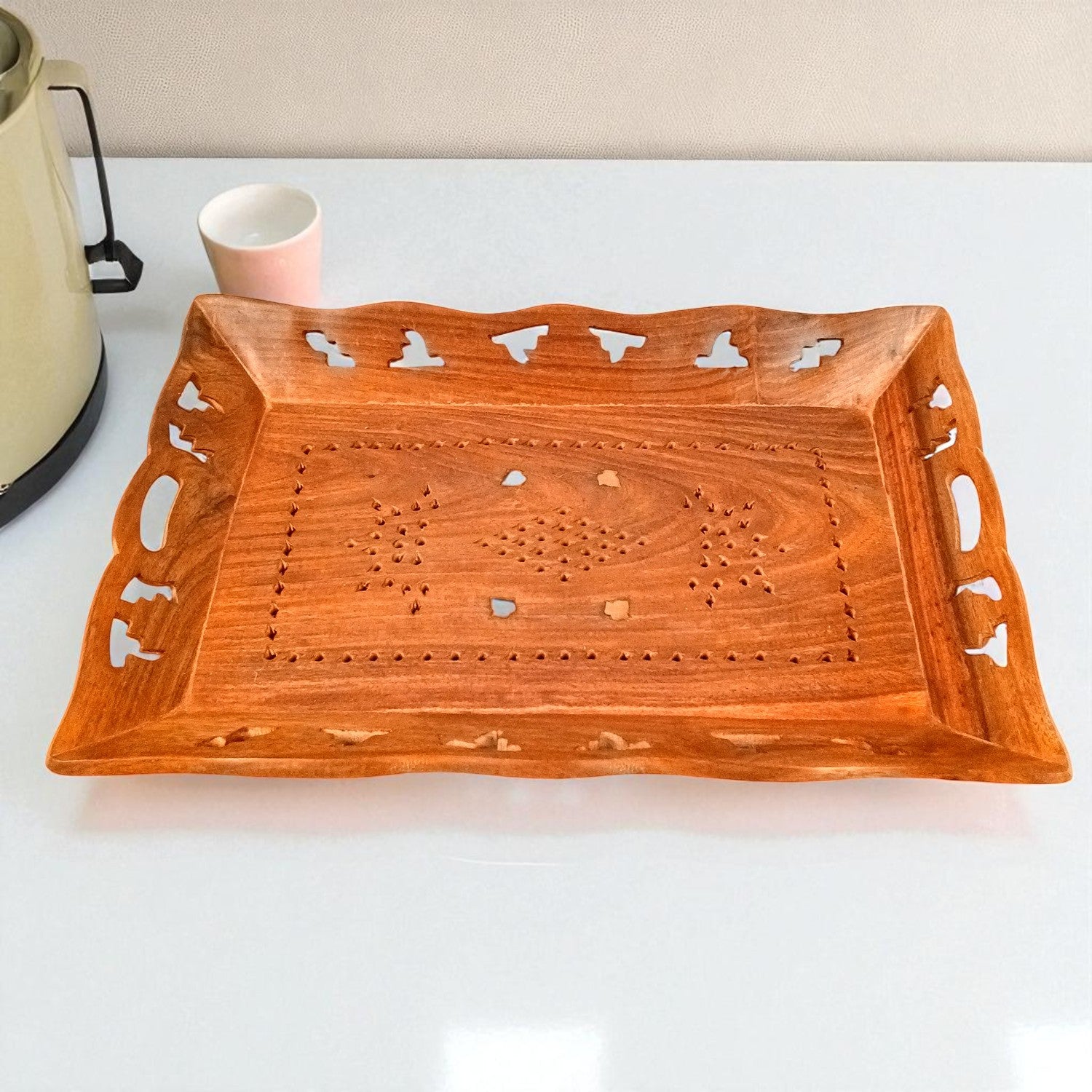 Decorative Tray | Serving Tray & Platters | Wooden Trays With Handle - For Home, Dining Table Organization, Kitchen & Gifts - 15 Inch - Apkamart