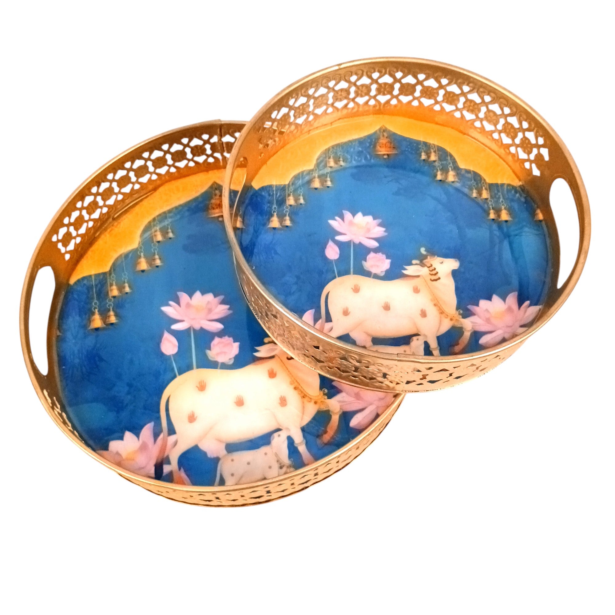 Round Serving Tray Set | Tray for Kitchen & Home Decor | Decorative Handicraft Tray | Beautiful Diwali Gift | Elegant Tray Set for Dining- 10 Inch (Set Of 2) - Apkamart