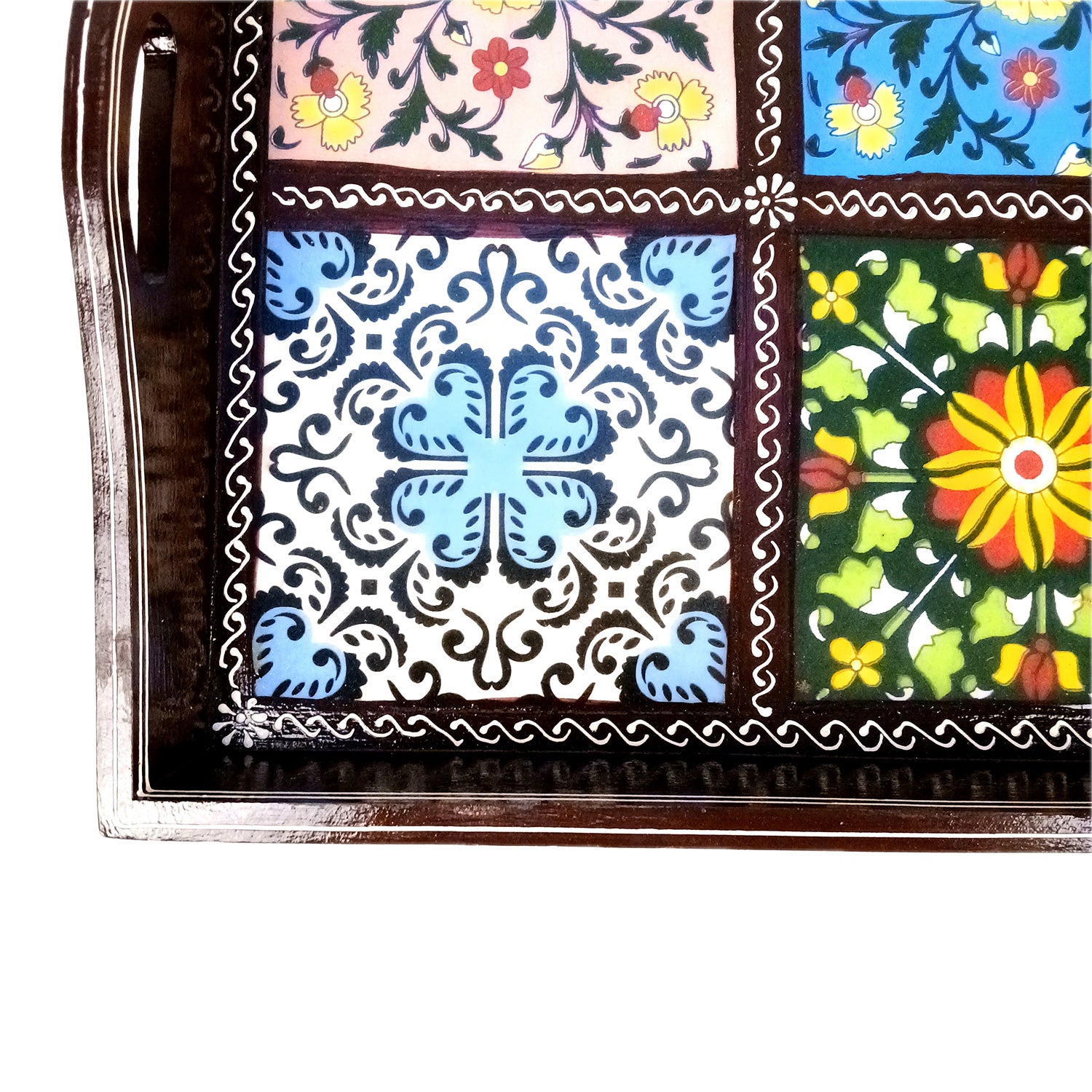 Serving Tray With Ceramic Tiles | Big Wooden Platter for Serving Whole Meal | Large Tray With Handles - for Home, Dining Table, Kitchen Decor, Restaurants, Hotels, Cafe & Gifts - 21 Inch - Apkamart #Style_Design 1