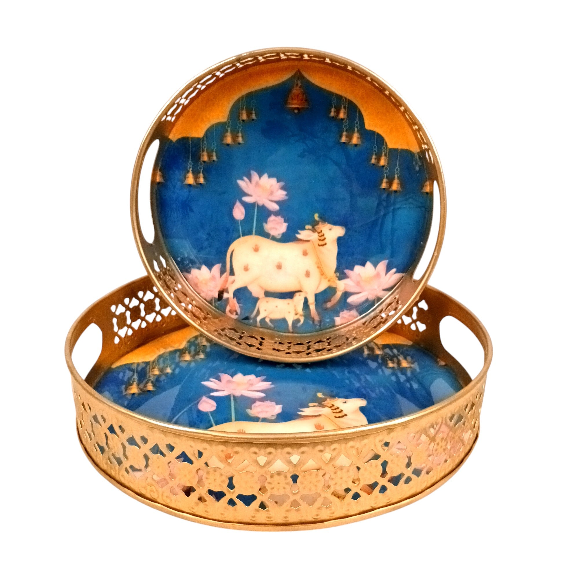 Round Serving Tray Set | Tray for Kitchen & Home Decor | Decorative Handicraft Tray | Beautiful Diwali Gift | Elegant Tray Set for Dining- 10 Inch (Set Of 2) - Apkamart