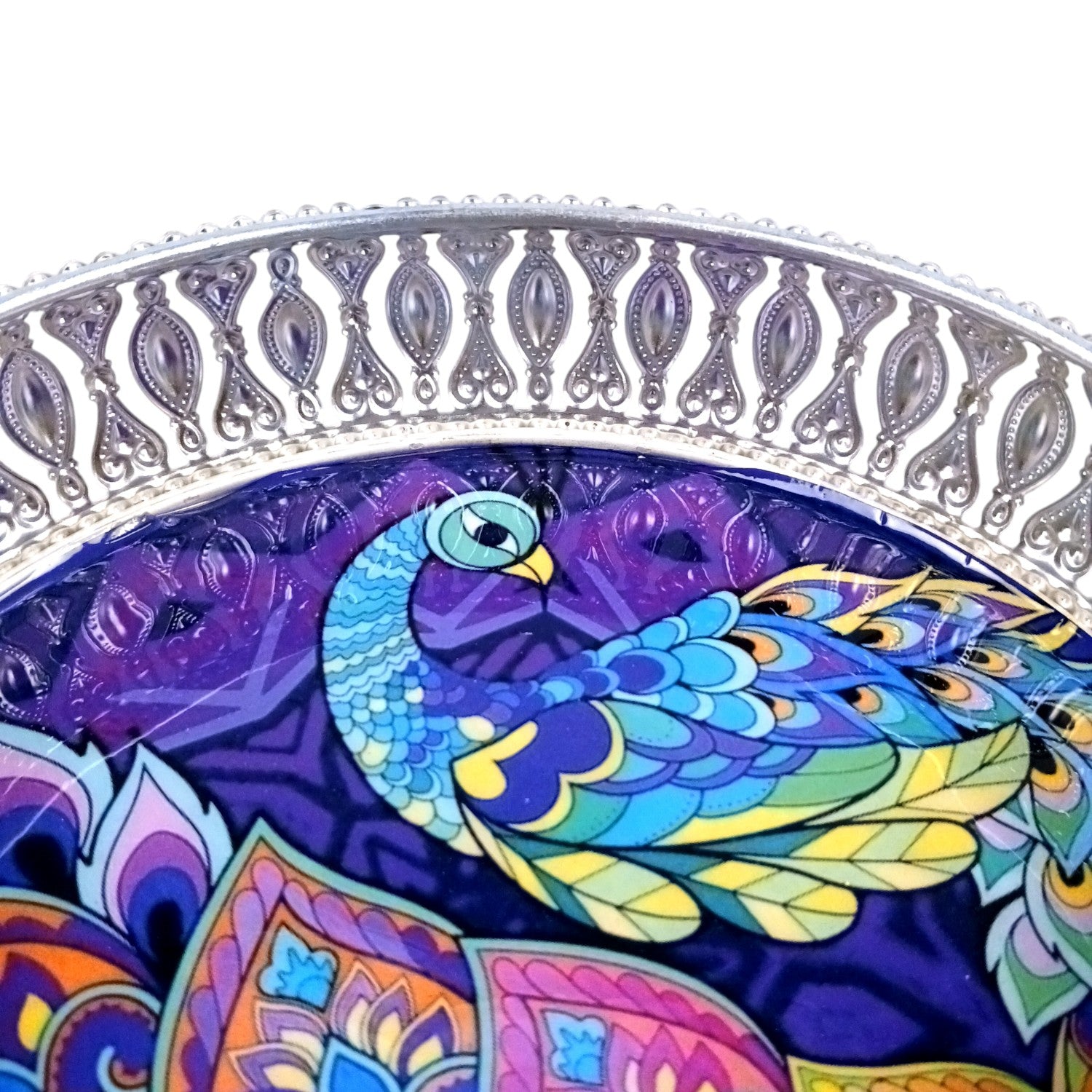 Round Serving Tray | Tray for Kitchen & Home Decor | Peacock Design| Handcrafted Decorative Tray | Beautiful Tray for Dining & Center Table - 8 Inch - Apkamart
