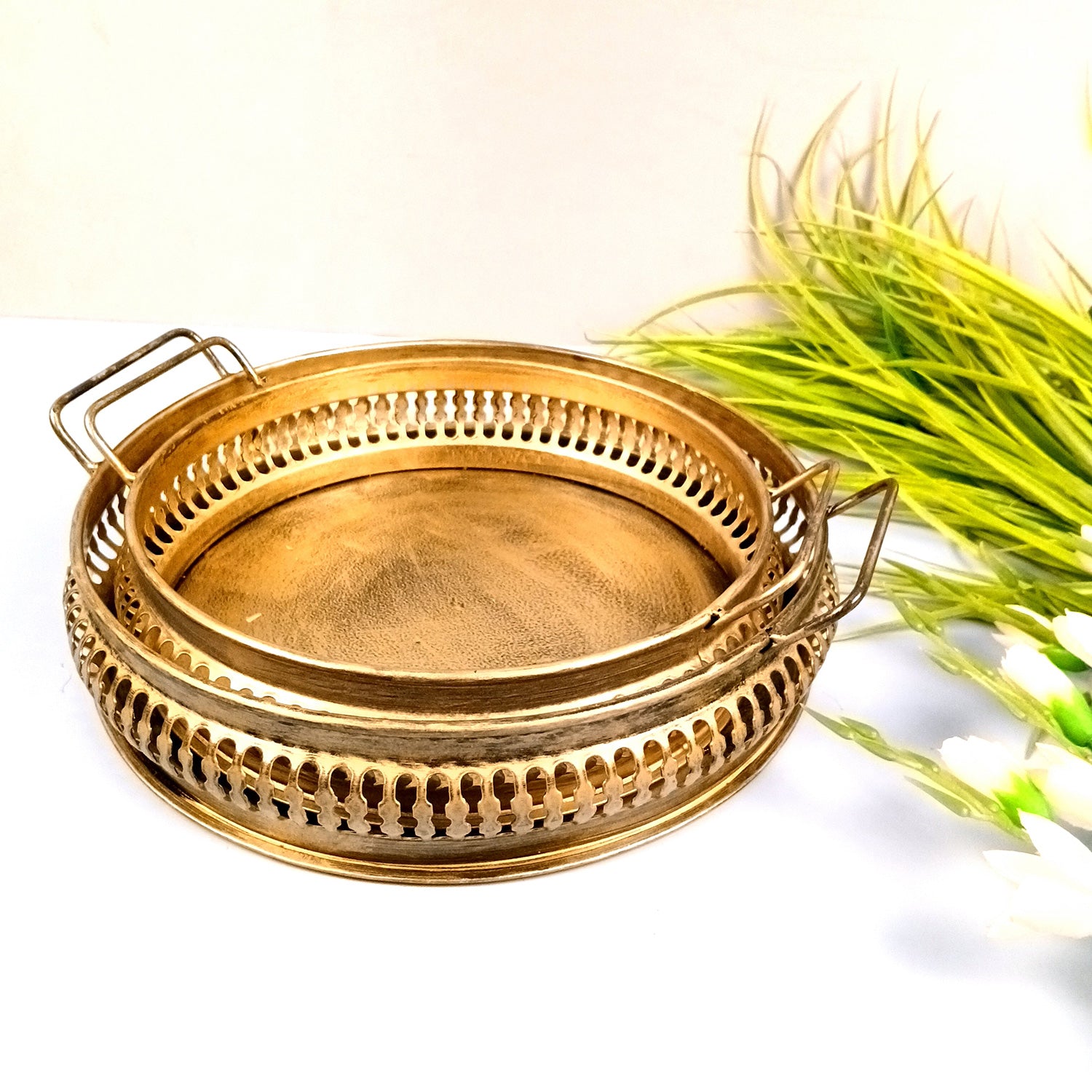 Serving Tray Set | Metal Trays For Tea, Coffee & Snacks | Multipurpose Decorative Tray & Platters - For Home, Dining Table Organization, Kitchen & Gifts - 12 Inch (Pack of 2) - Apkamart
