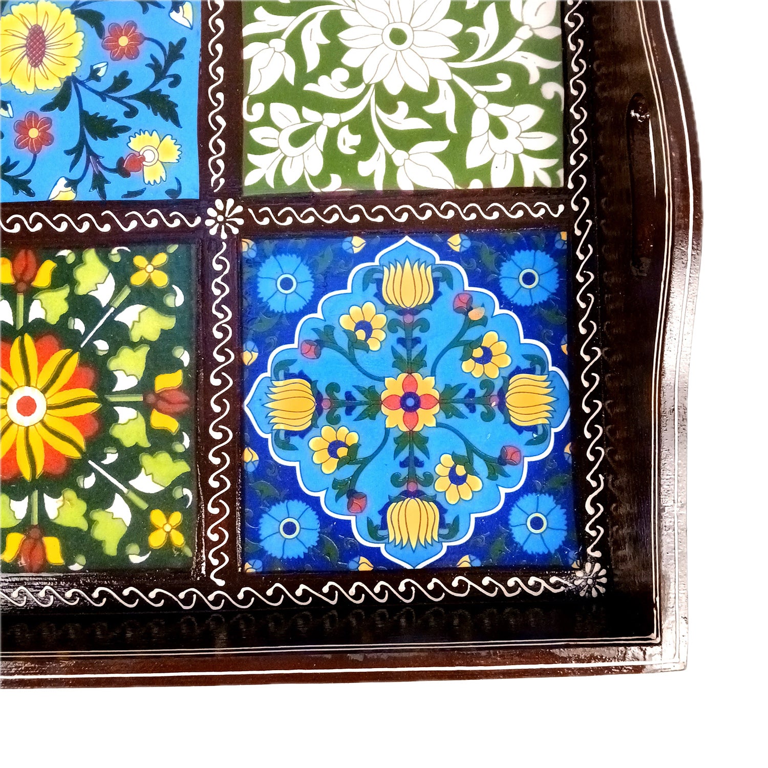 Serving Tray With Ceramic Tiles | Big Wooden Platter for Serving Whole Meal | Large Tray With Handles - for Home, Dining Table, Kitchen Decor, Restaurants, Hotels, Cafe & Gifts - 21 Inch - Apkamart #Style_Design 1