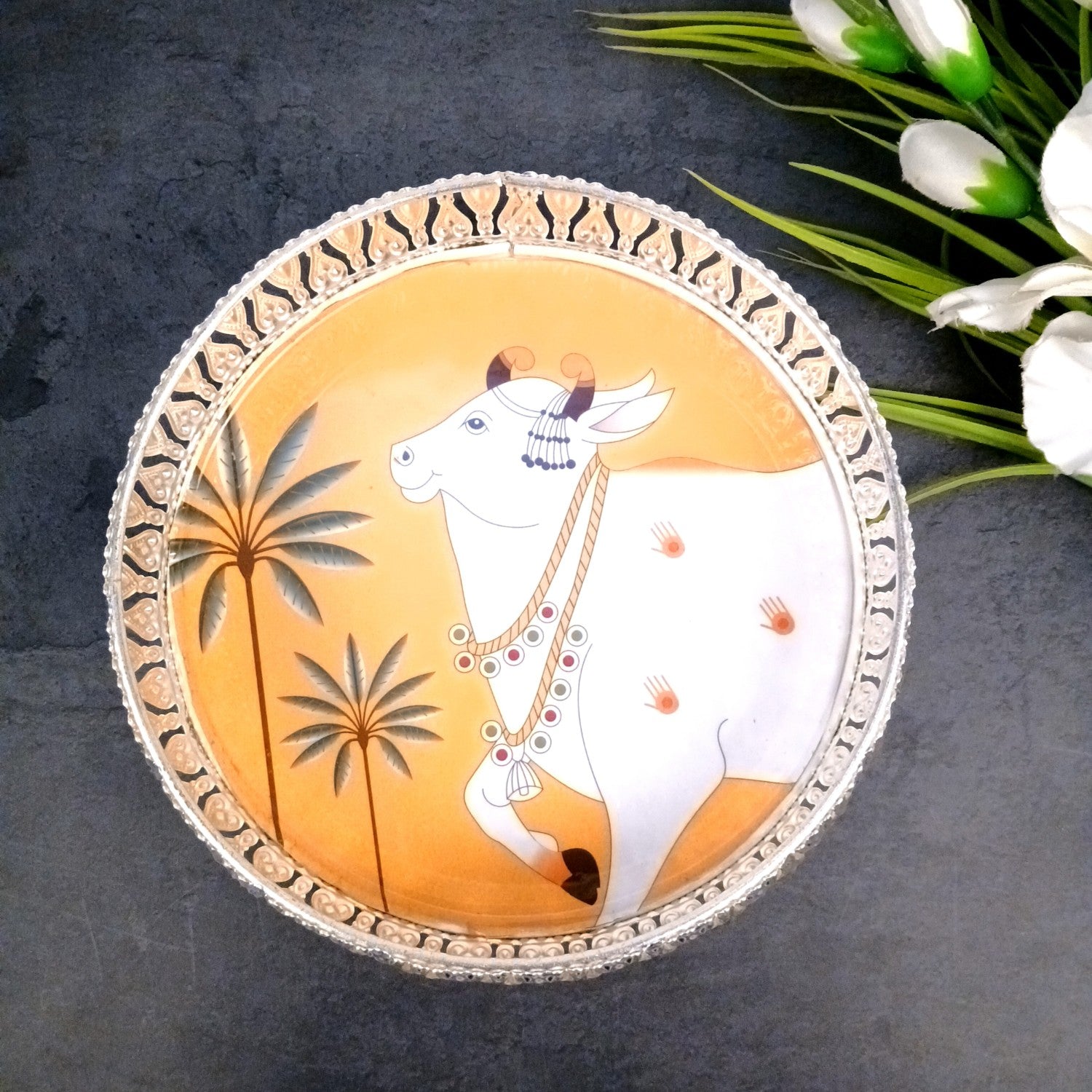 Round Serving Tray | Tray for Kitchen & Home Decor | Handcrafted Decorative Tray | Beautiful Tray for Dining & Center Table | Ideal For Diwali Gift - 8 Inch - Apkamart