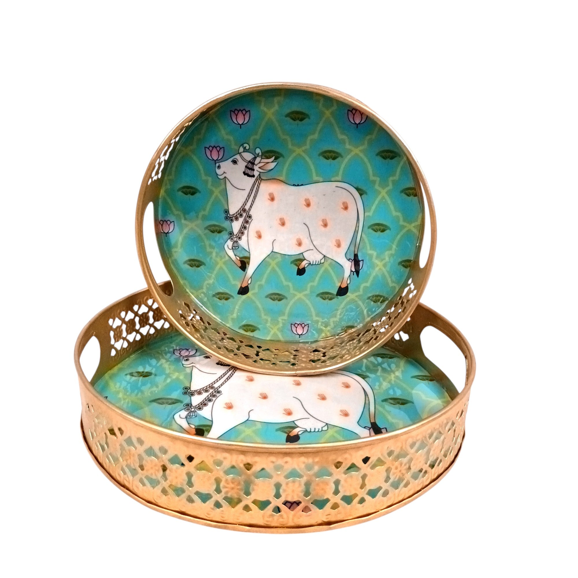 Round Serving Tray Set | Tray for Kitchen & Home Decor | Decorative Handicraft Tray | Beautiful Diwali Gift | Elegant Tray Set for Dining- 10 Inch (Set Of 2) - Apkamart