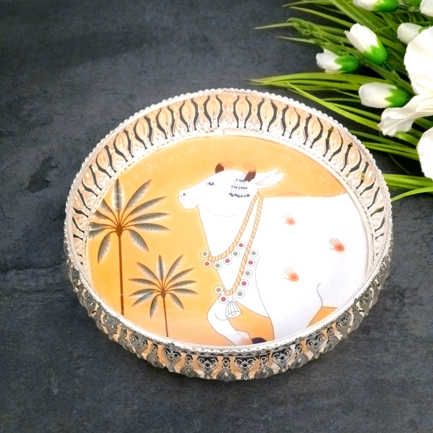 Round Serving Tray | Tray for Kitchen & Home Decor | Handcrafted Decorative Tray | Beautiful Tray for Dining & Center Table | Ideal For Diwali Gift - 8 Inch - Apkamart