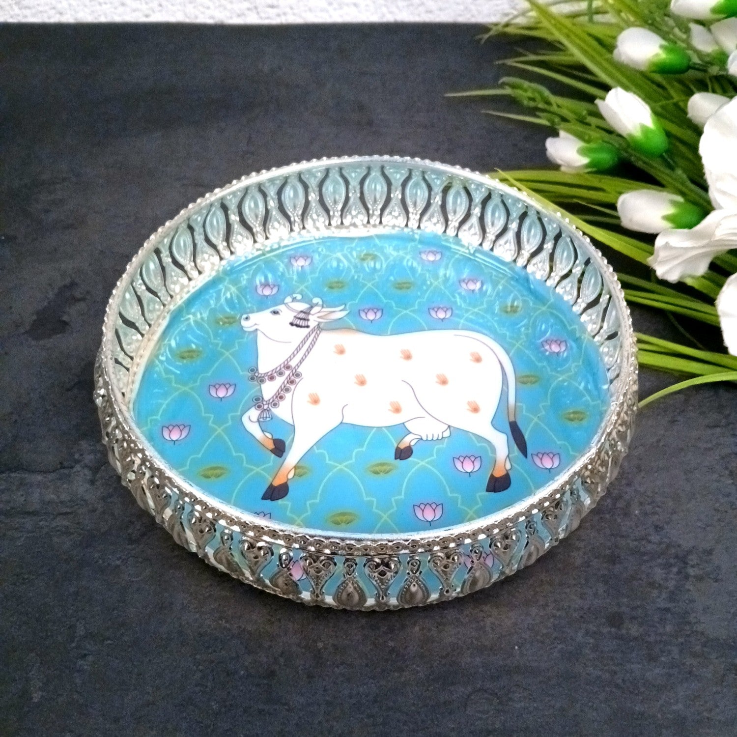 Round Serving Tray| Tray for Kitchen & Home Decor | Handcrafted Decorative Tray | Beautiful Tray for Dining & Center Table - 8 Inch - Apkamart