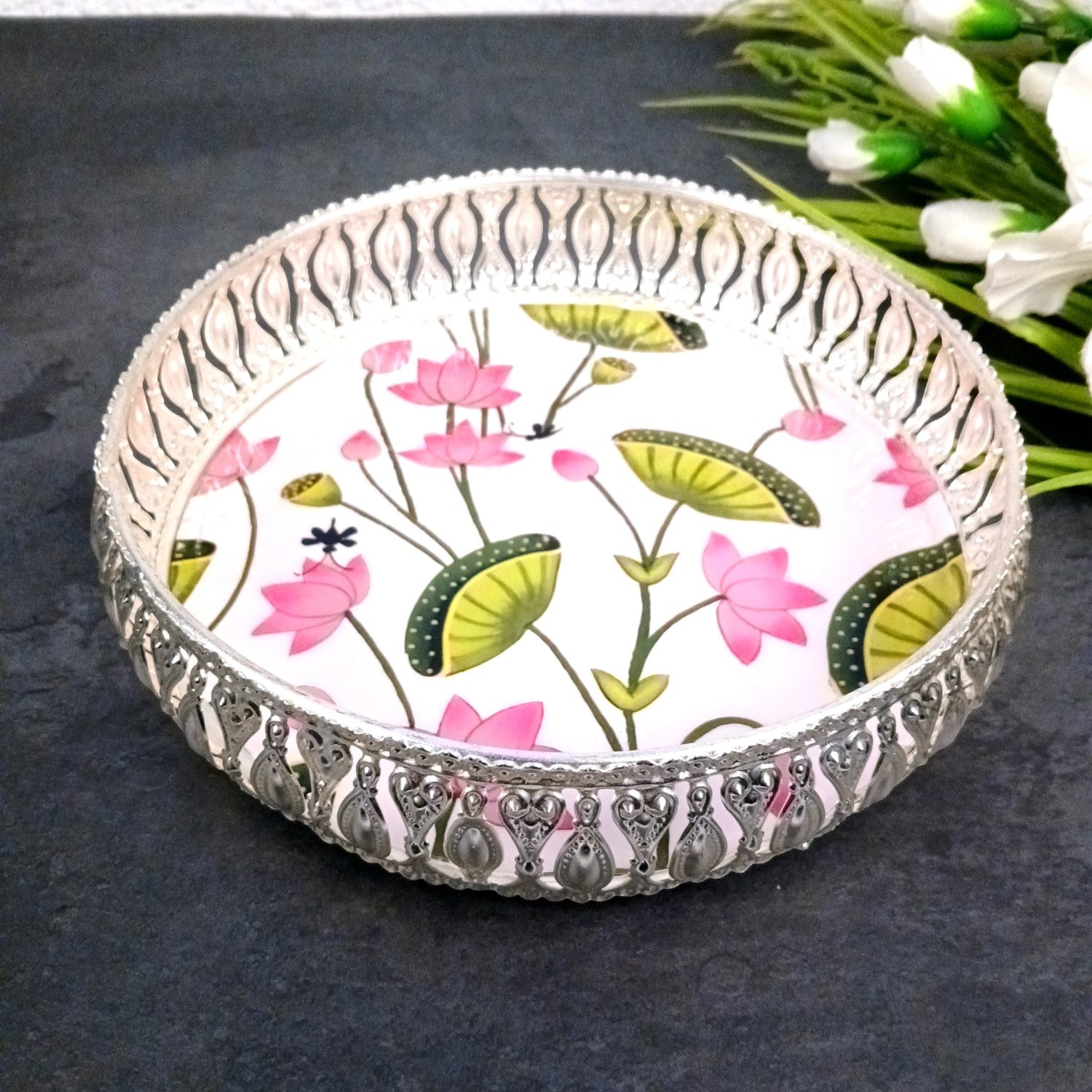 Round Serving Tray | Tray for Kitchen & Home Decor | Handcrafted Decorative Tray | Beautiful Tray for Dining & Center Table - 8 Inch - Apkamart