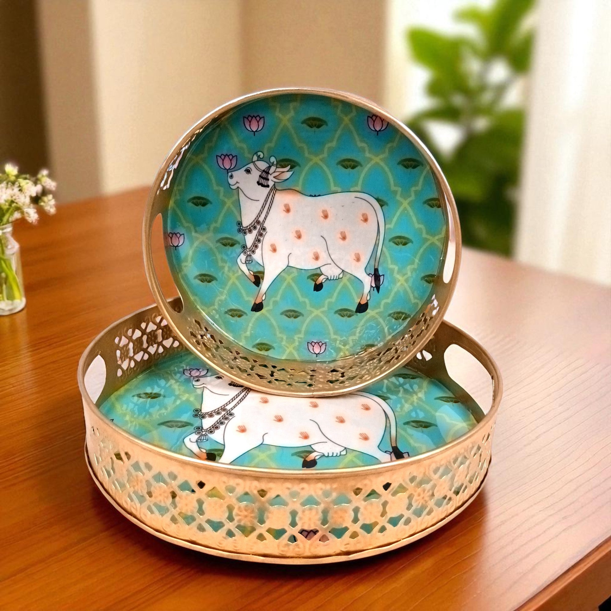 Round Serving Tray Set | Tray for Kitchen & Home Decor | Decorative Handicraft Tray | Beautiful Diwali Gift | Elegant Tray Set for Dining- 10 Inch (Set Of 2) - Apkamart
