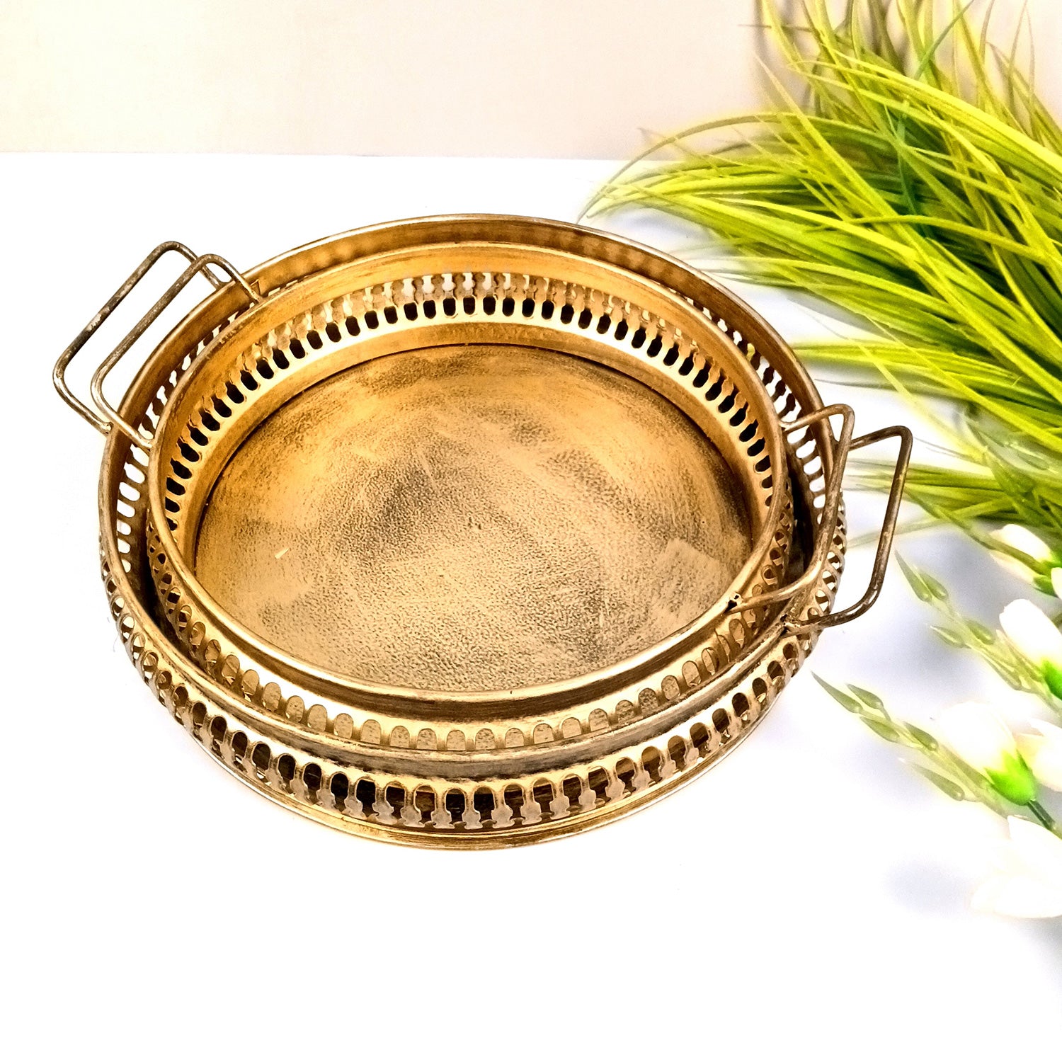 Serving Tray Set | Metal Trays For Tea, Coffee & Snacks | Multipurpose Decorative Tray & Platters - For Home, Dining Table Organization, Kitchen & Gifts - 12 Inch (Pack of 2) - Apkamart