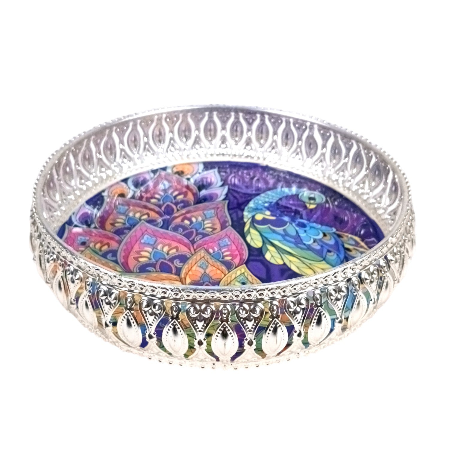 Round Serving Tray | Tray for Kitchen & Home Decor | Peacock Design| Handcrafted Decorative Tray | Beautiful Tray for Dining & Center Table - 8 Inch - Apkamart