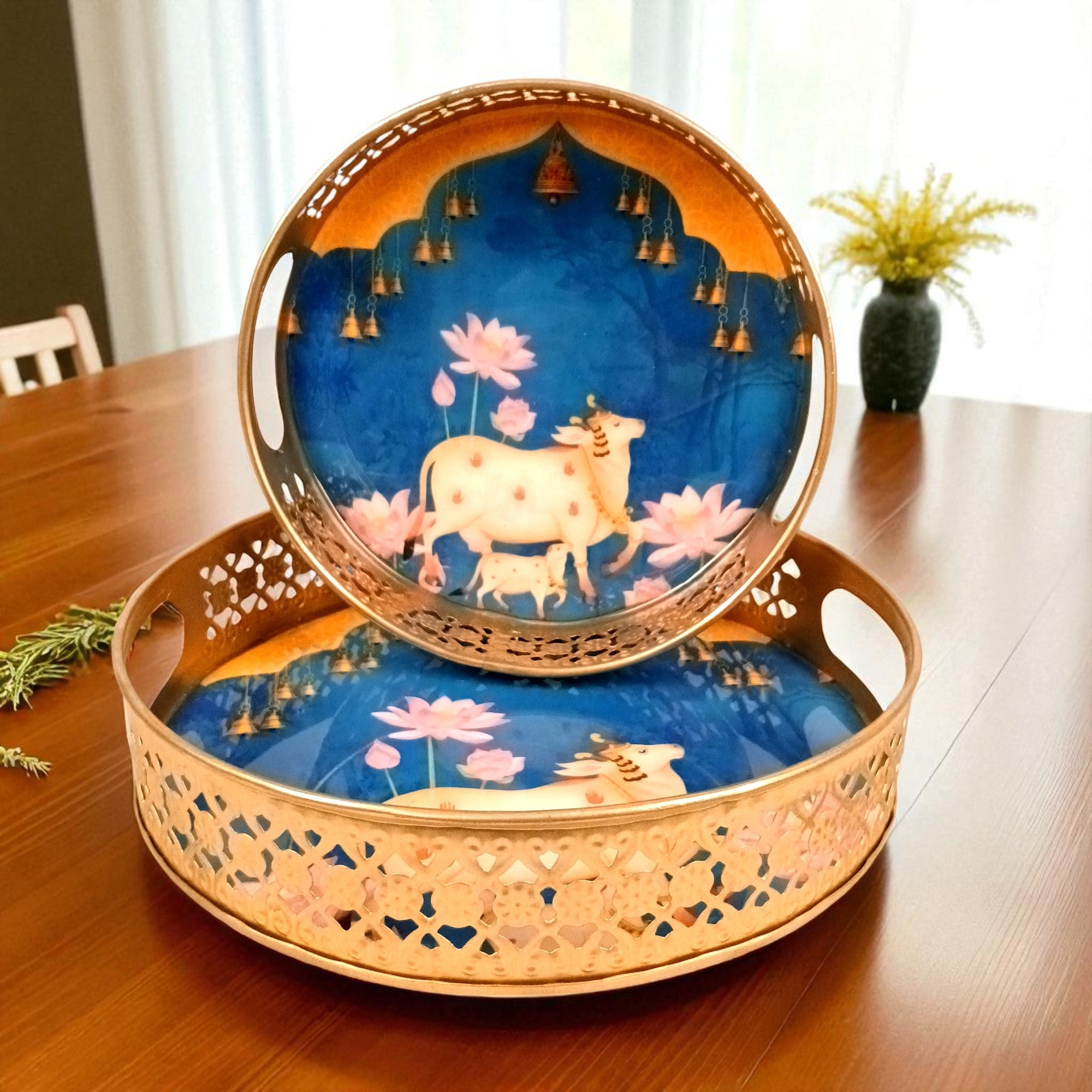 Round Serving Tray Set | Tray for Kitchen & Home Decor | Decorative Handicraft Tray | Beautiful Diwali Gift | Elegant Tray Set for Dining- 10 Inch (Set Of 2) - Apkamart