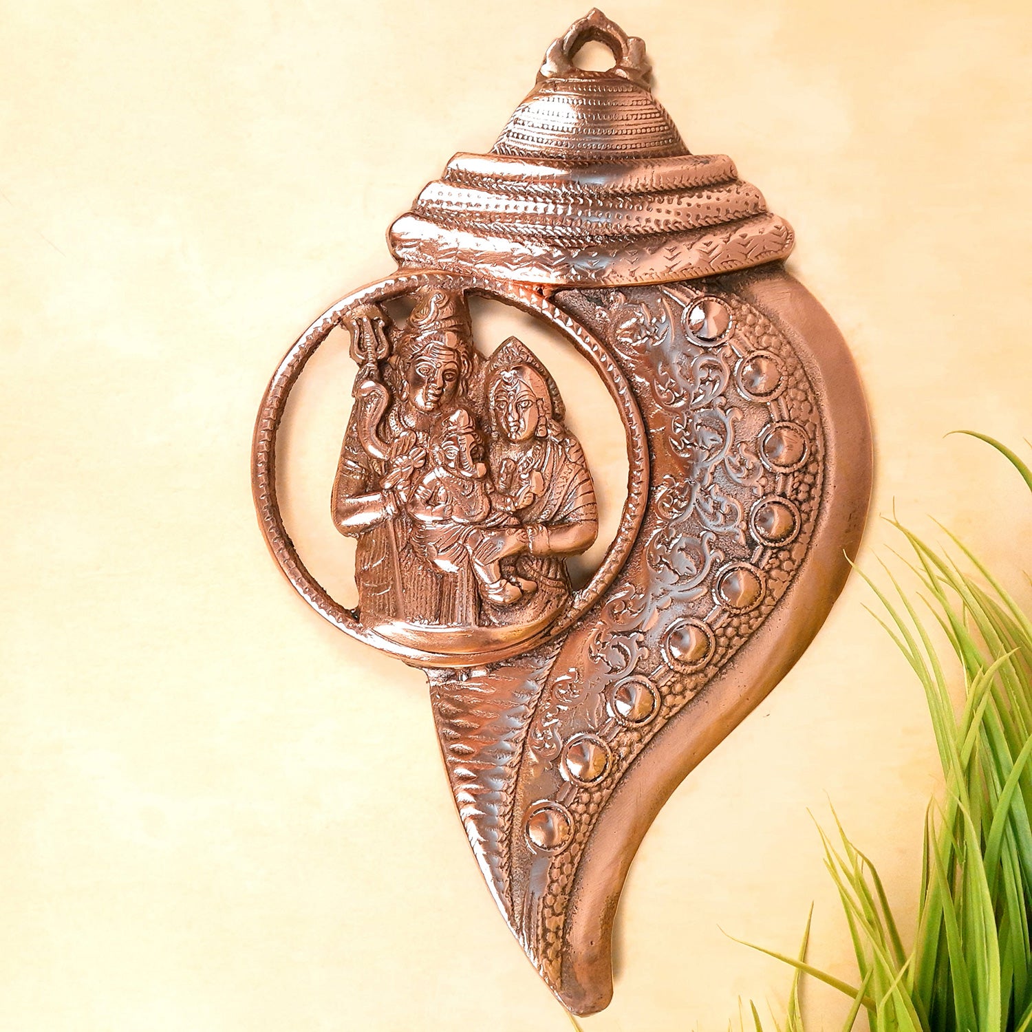 Shiv Parvati Ganesha Wall Hanging Murti | Shiva Parivar Wall Statue In Shankh Design - for Entrance & Main Door | Religious & Spiritual Wall Art - For Home, Puja, Living Room Decor & Gift - 17 Inch - Apkamart