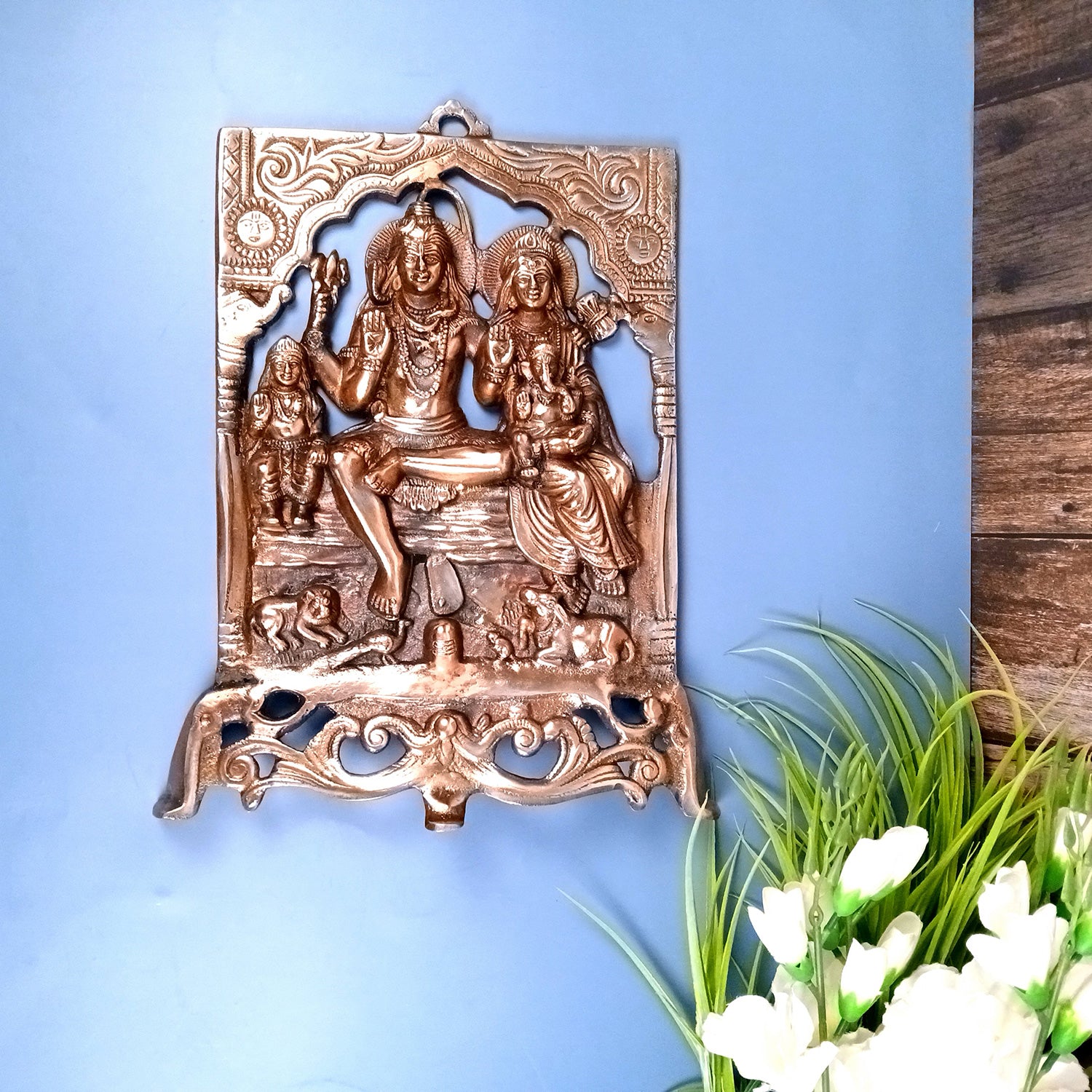 Shiv Parivar - Shiva, Parvati Ganesh, Kartikeya Wall Hanging - for Home, Puja Room Decor, Living Room & Gift - 16 Inch (Metal - Alloy, Color - Copper Shade) - Apkamart