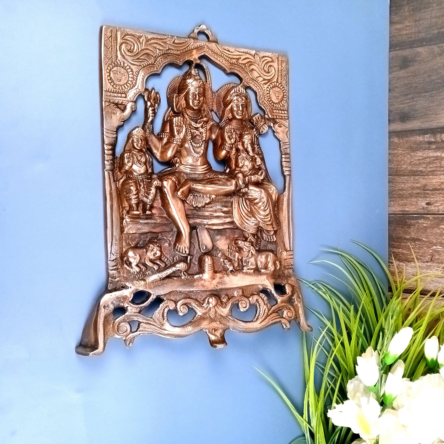 Shiv Parivar - Shiva, Parvati Ganesh, Kartikeya Wall Hanging - for Home, Puja Room Decor, Living Room & Gift - 16 Inch (Metal - Alloy, Color - Copper Shade) - Apkamart