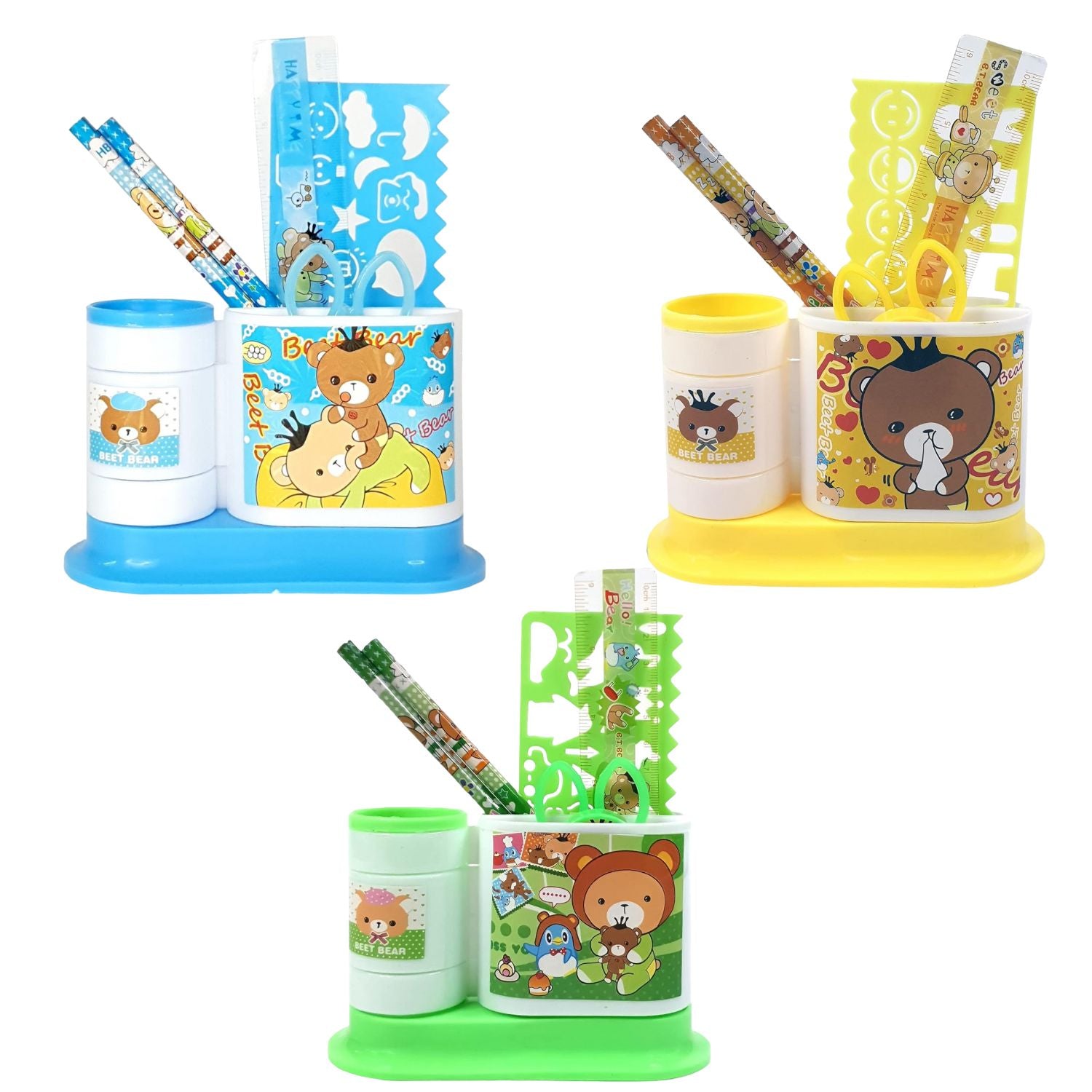 Pencil Holder | Stationery Kit with Pencils / Scale / Stencil Scale - for Kids, Children, Student, Birthday Gift & Return Gifts - Apkamart #style_pack of 3