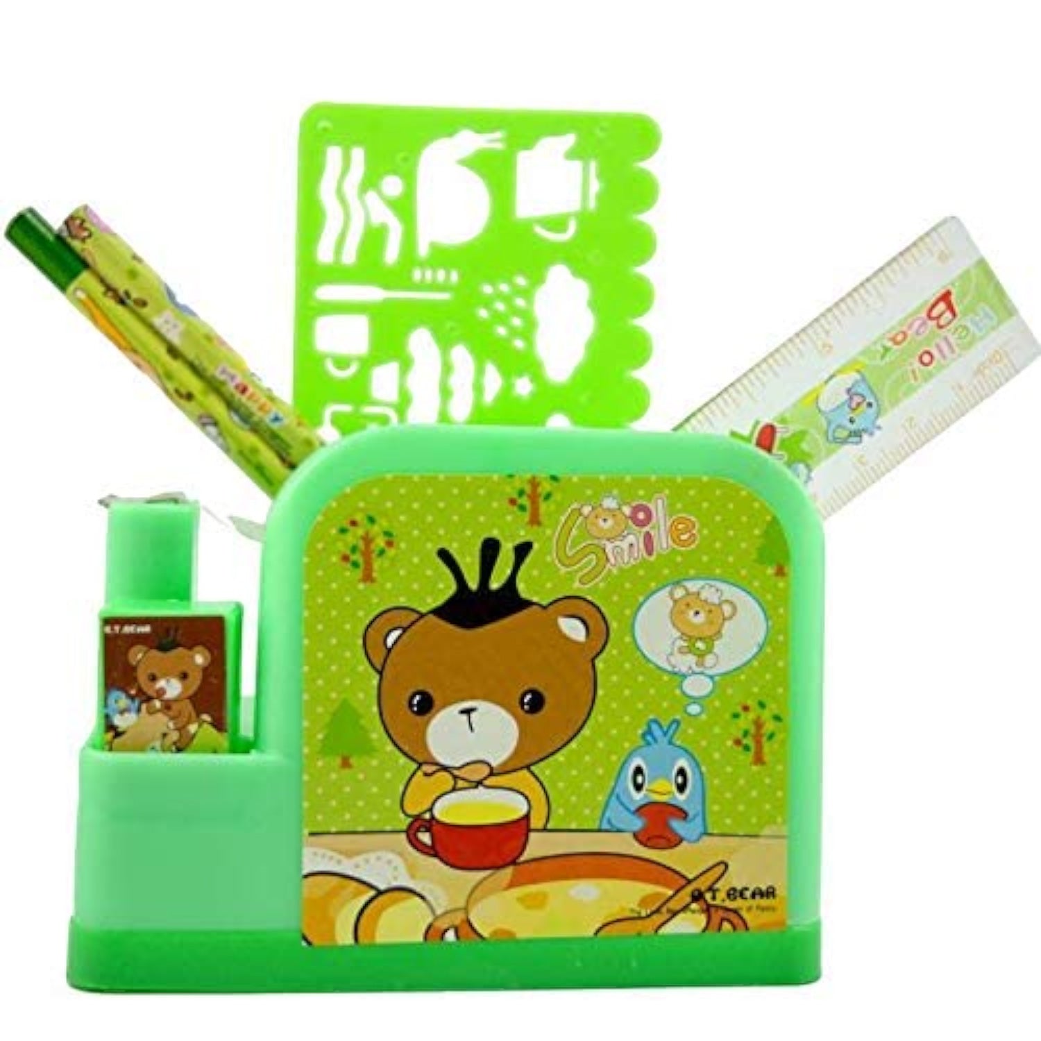 Pencil Holder | Stationery Kit with Pencils / Scale / Stencil Scale - for Kids, Children, Student, Birthday Gift & Return Gifts - Apkamart