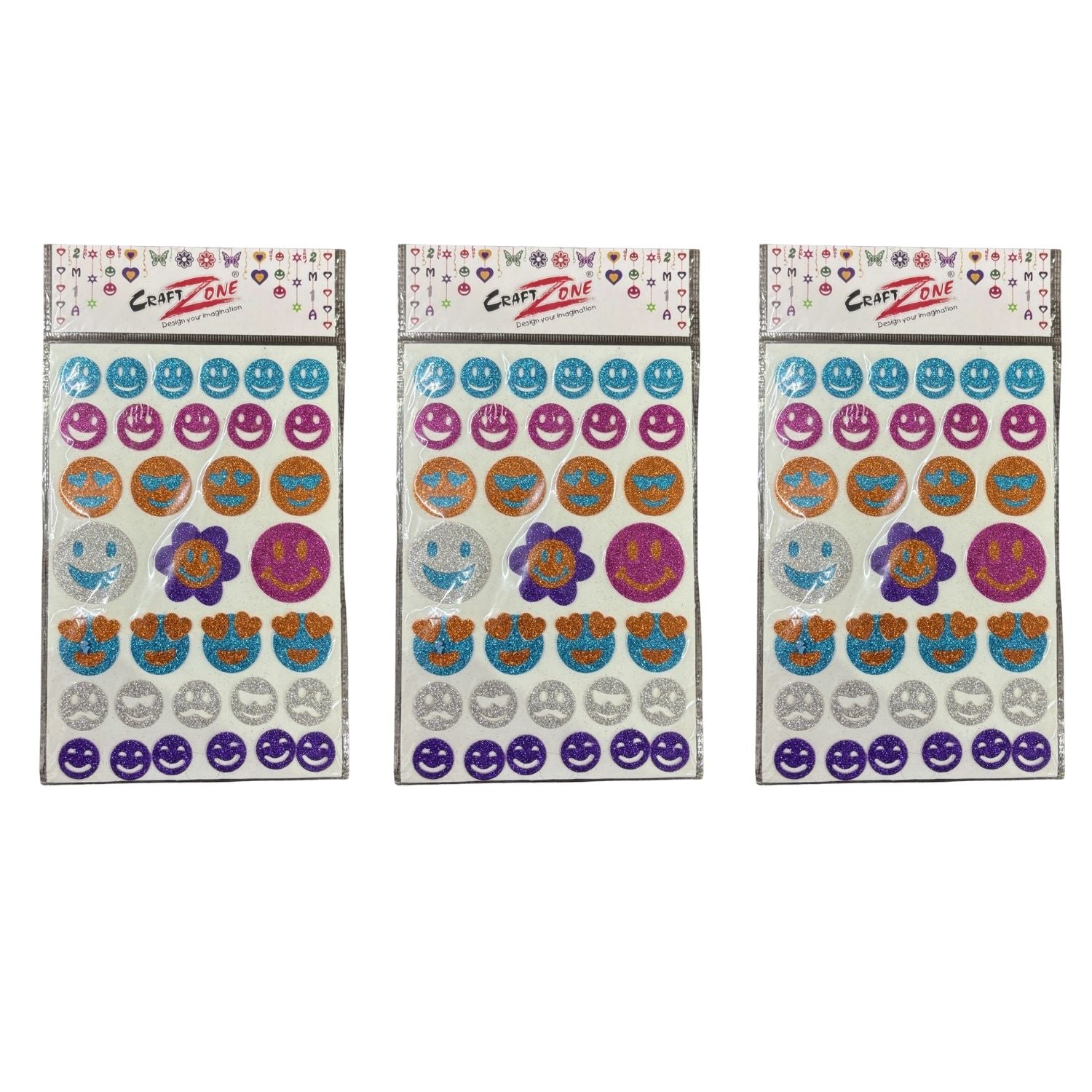 Glitter Sticker Set with Smile & Flower Design | Glitter Foam Sheet Sticker | Self Adhesive Glitter Stickers for Kids Craft DIY Projects Scrapbooking School Use - (pack Of 1) - Apkamart #Style_Pack Of 3