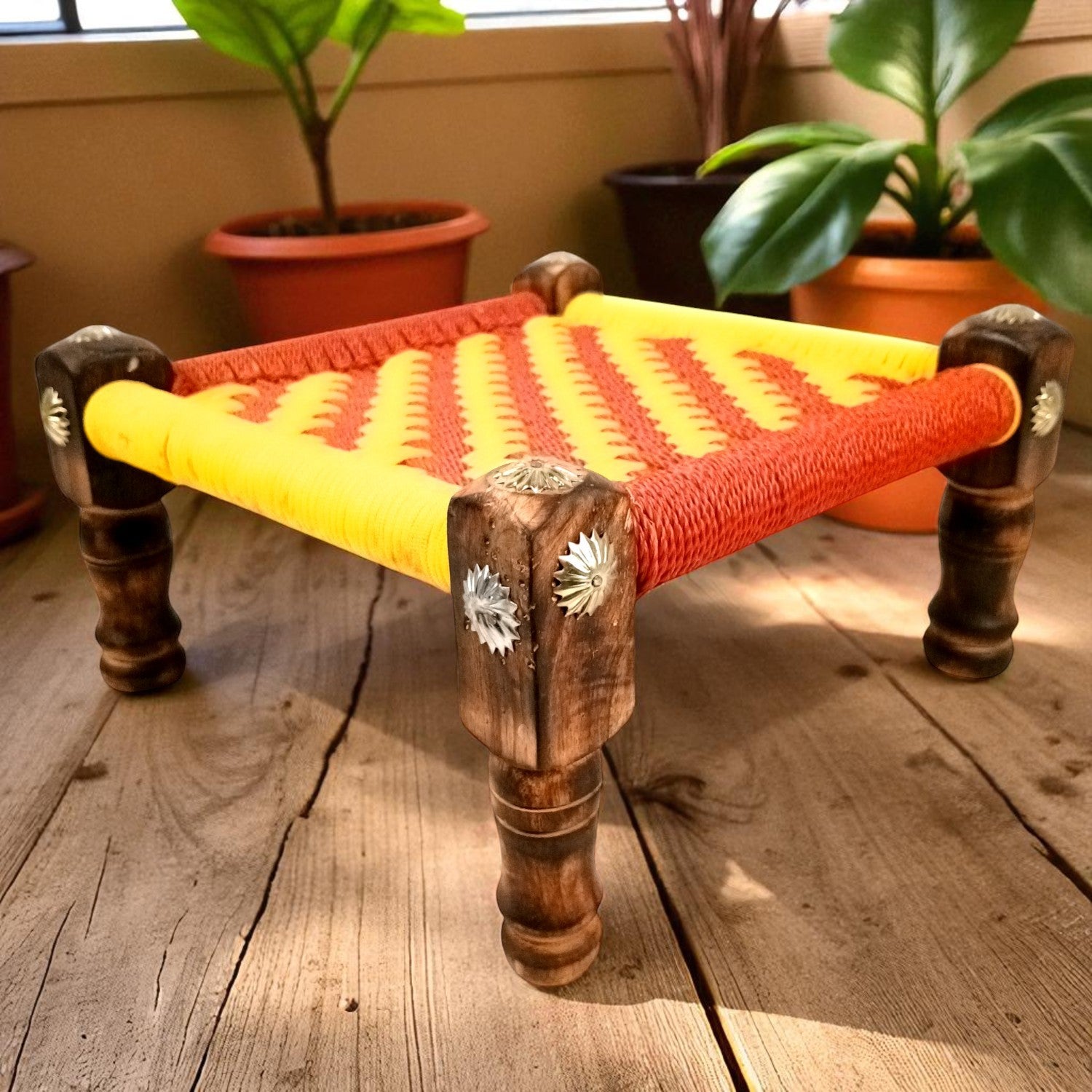 Wooden Pidha Stool | Rajasthani Handicraft Mudda Pidda Bajot | Small-Sized Khatli Charpai Chowki - 11 Inch - Apkamart #Style_Design 1