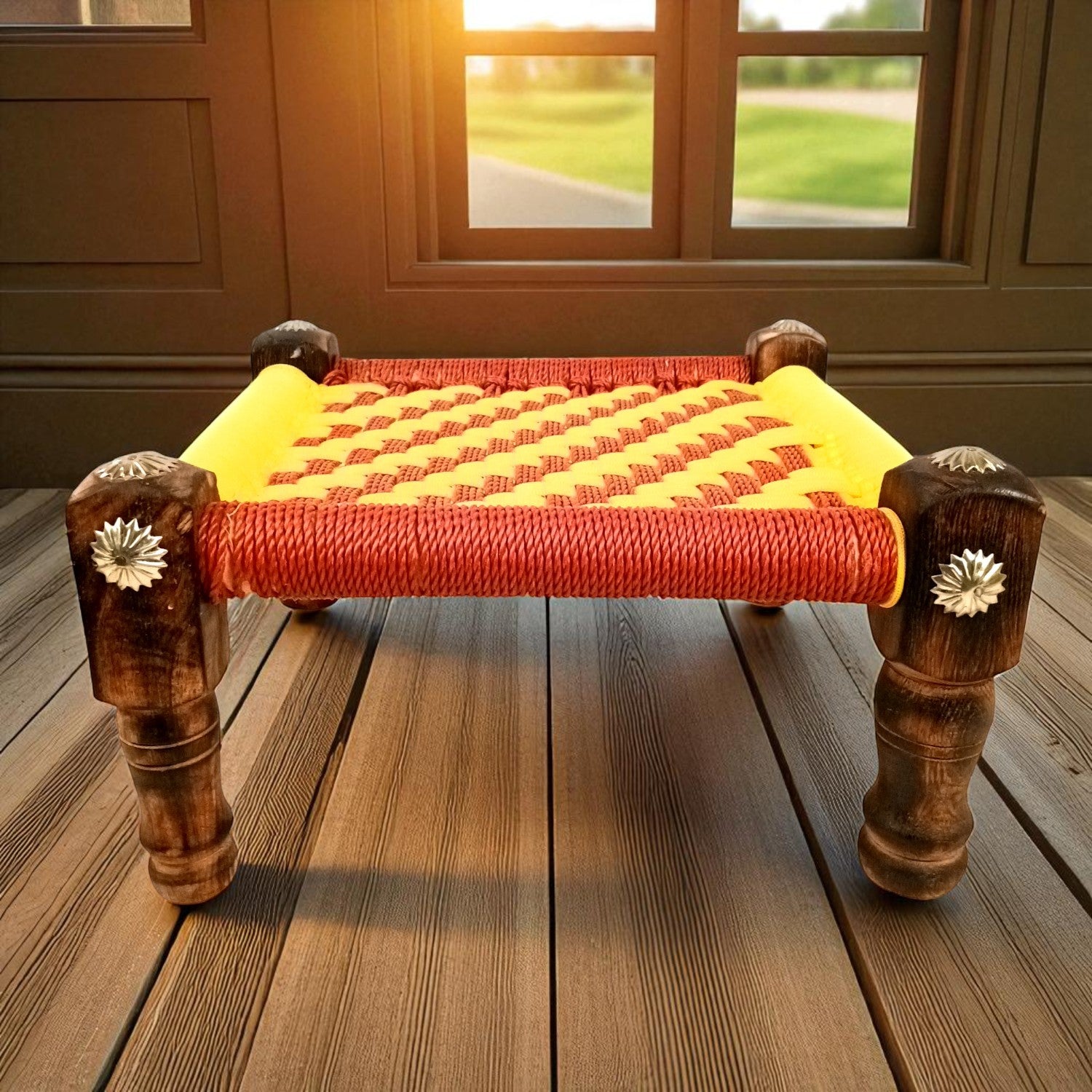 Wooden Pidha Stool | Rajasthani Handicraft Mudda Pidda Bajot | Small-Sized Khatli Charpai Chowki - 11 Inch - Apkamart #Style_Design 1