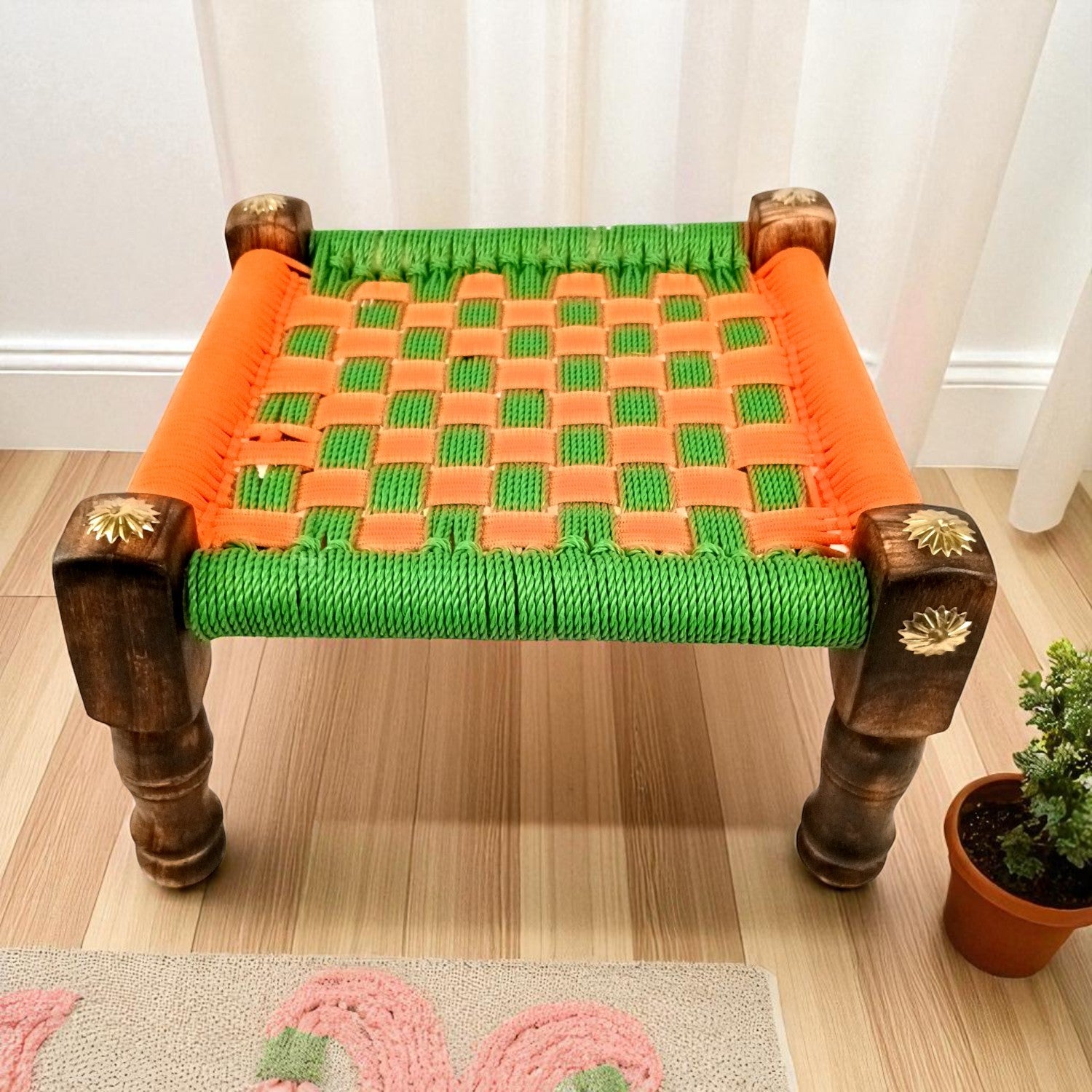 Wooden Pidha Stool | Rajasthani Handicraft Mudda Pidda Bajot | Small-Sized Khatli Charpai Chowki - 11 Inch - Apkamart #Style_Design 2