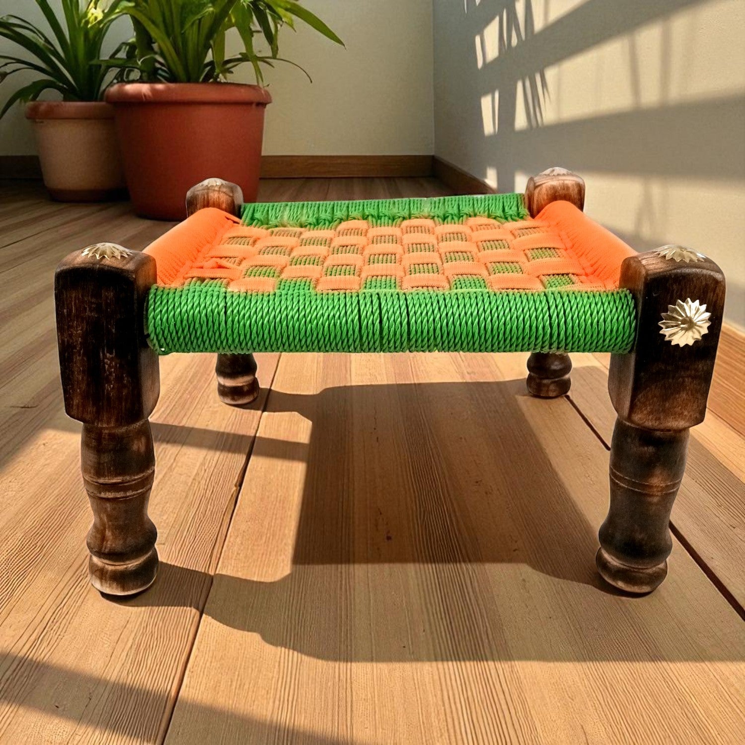 Wooden Pidha Stool | Rajasthani Handicraft Mudda Pidda Bajot | Small-Sized Khatli Charpai Chowki - 11 Inch - Apkamart #Style_Design 2