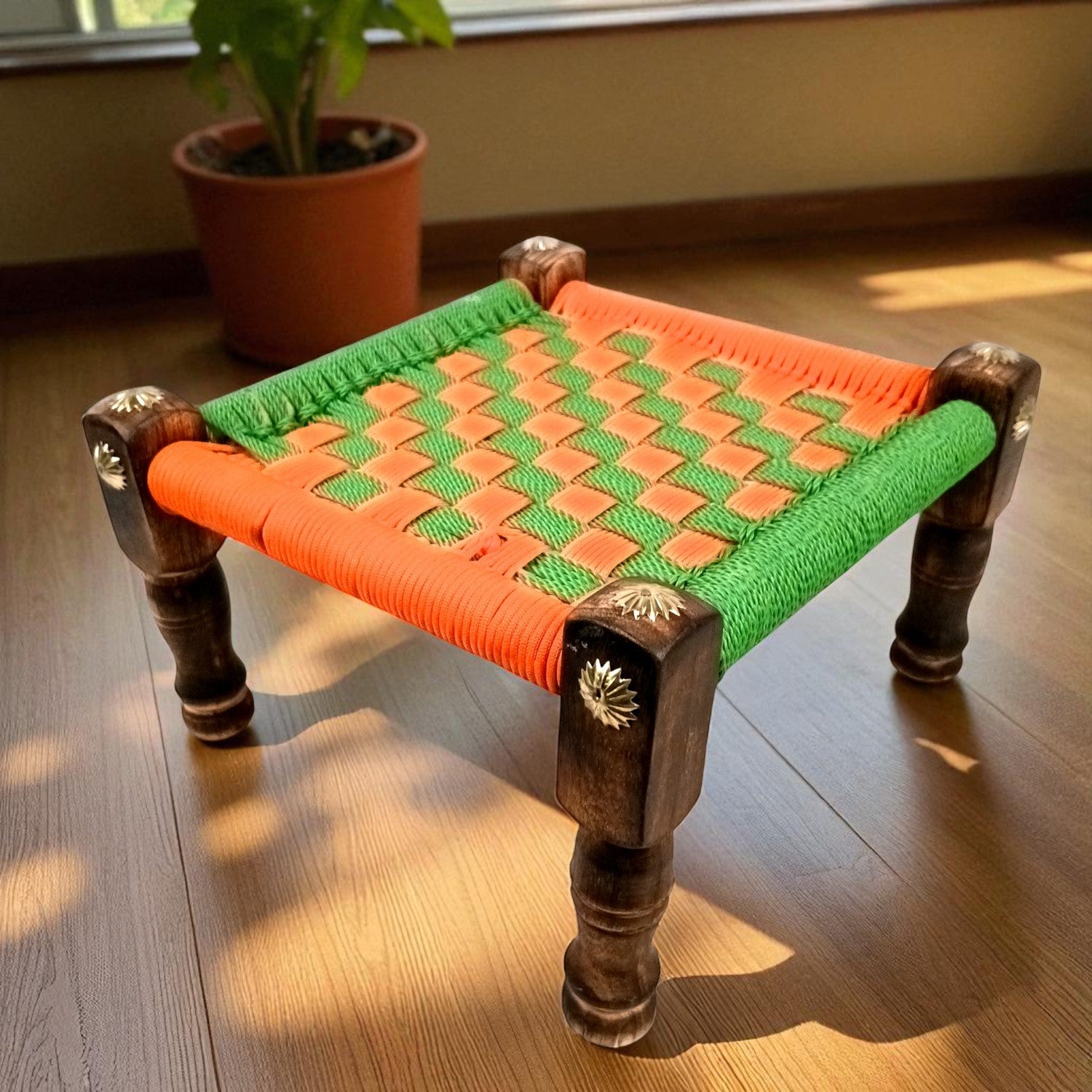 Wooden Pidha Stool | Rajasthani Handicraft Mudda Pidda Bajot | Small-Sized Khatli Charpai Chowki - 11 Inch - Apkamart #Style_Design 2
