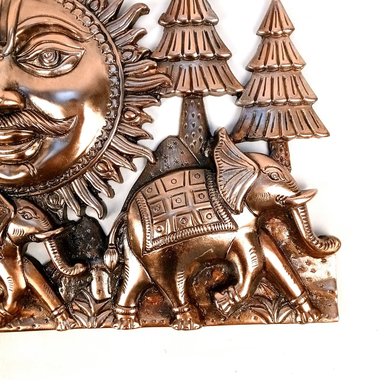 Sun With 3 Elephants Wall Hanging Large Vastu Copper - 20 Inch - Apkamart