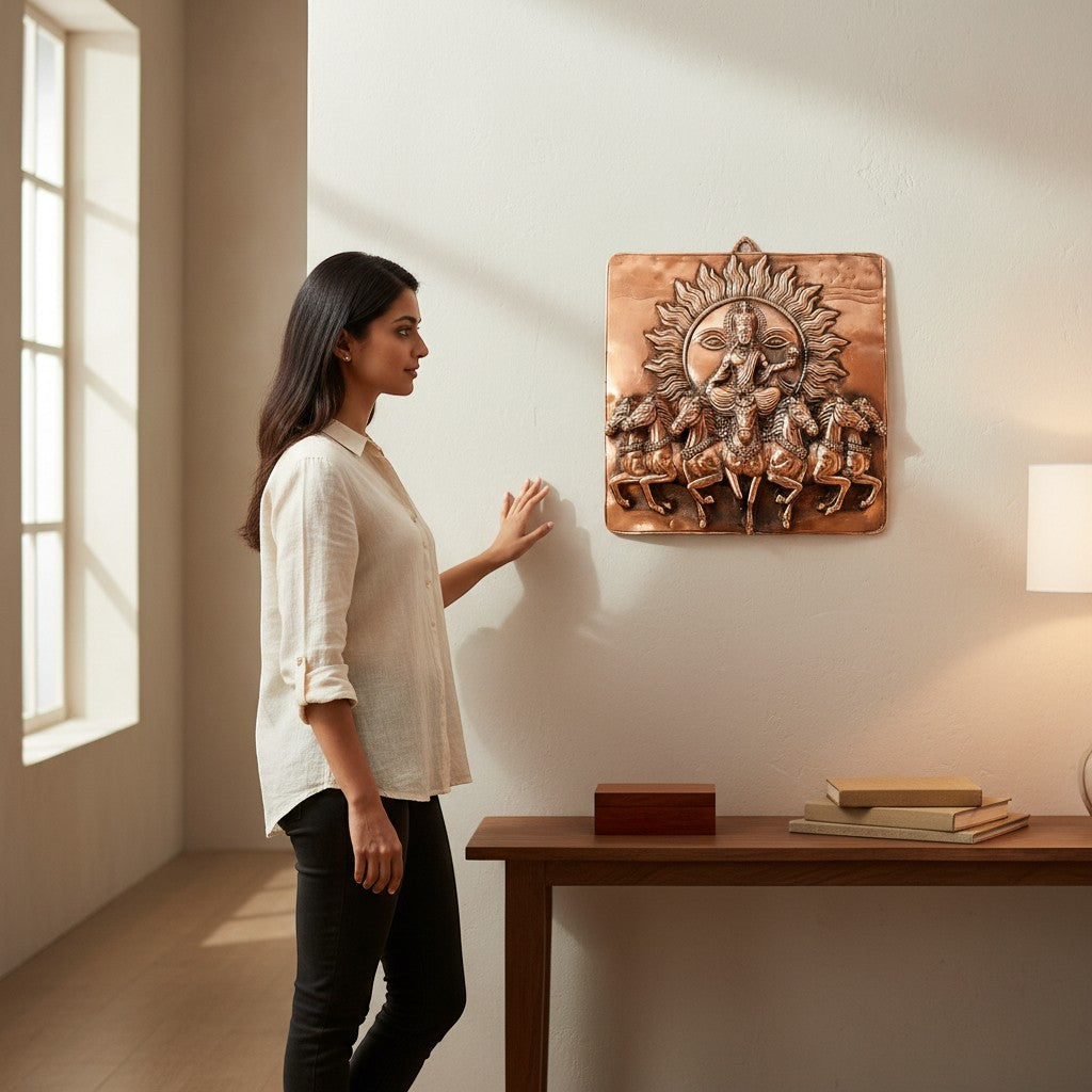 Surya Dev with Seven Running Horses Wall Hanging | Sun God Metal Wall Decor for Home, Living Room & Mandir | Vastu Auspicious Decorative Wall Art for Gifting - 20 Inch - Apkamart