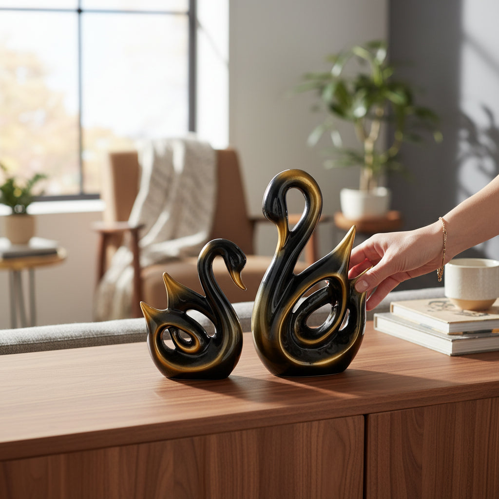 Swan Couple Showpiece Set | Hans Pair Showpiece Duck Statue for Home, Table & Office Décor | Romantic Gift for Him & Her | Wediing Anniversary Gift - (Set Of 2) - Apkamart