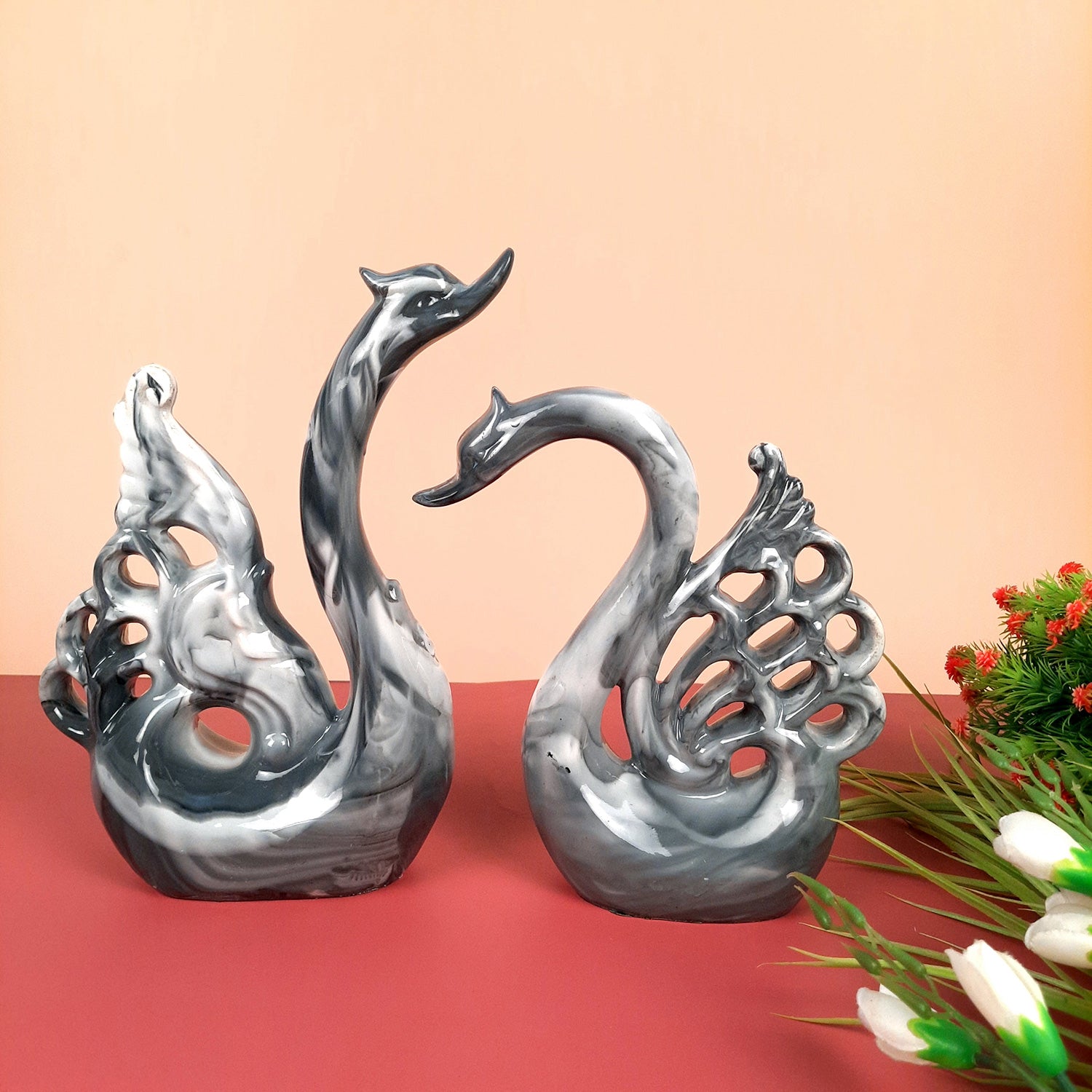Swan Pair Showpiece | Swan Couple Statue | Kissing Duck Set - For Home, Table, Office, Desk Decor, Gift for him her - 10 inch - apkamart #Color_Grey