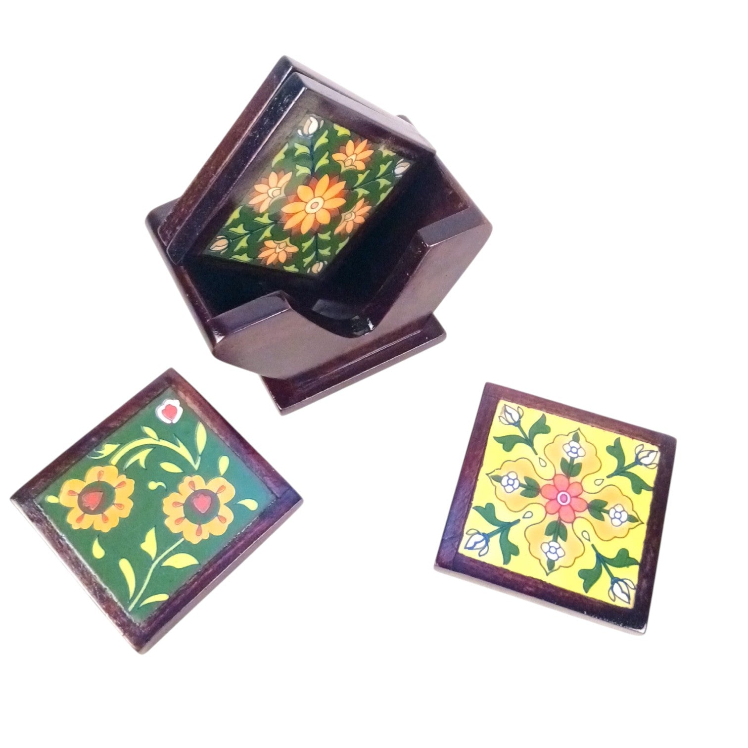 Wooden Tea Coaster With Ceramic Tile – 3 Inch (4 Coasters) - Apkamart