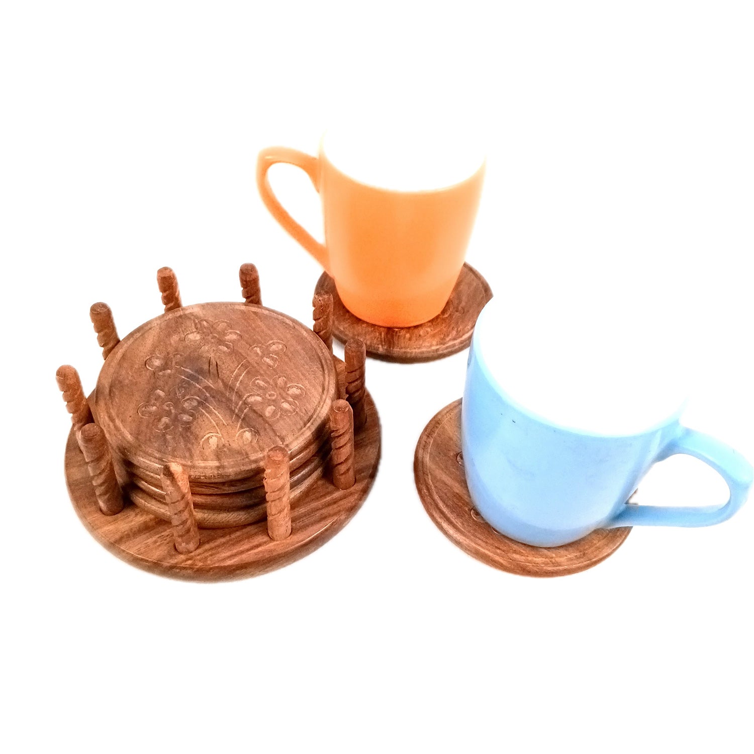 Tea Coasters | Wooden Coffee Coaster Set With Stand | Heat Pad | Dining Table Decor - For Kitchen, Bar, Tables, Hot Pots, Cups, Mugs - 5 Inch - Apkamart