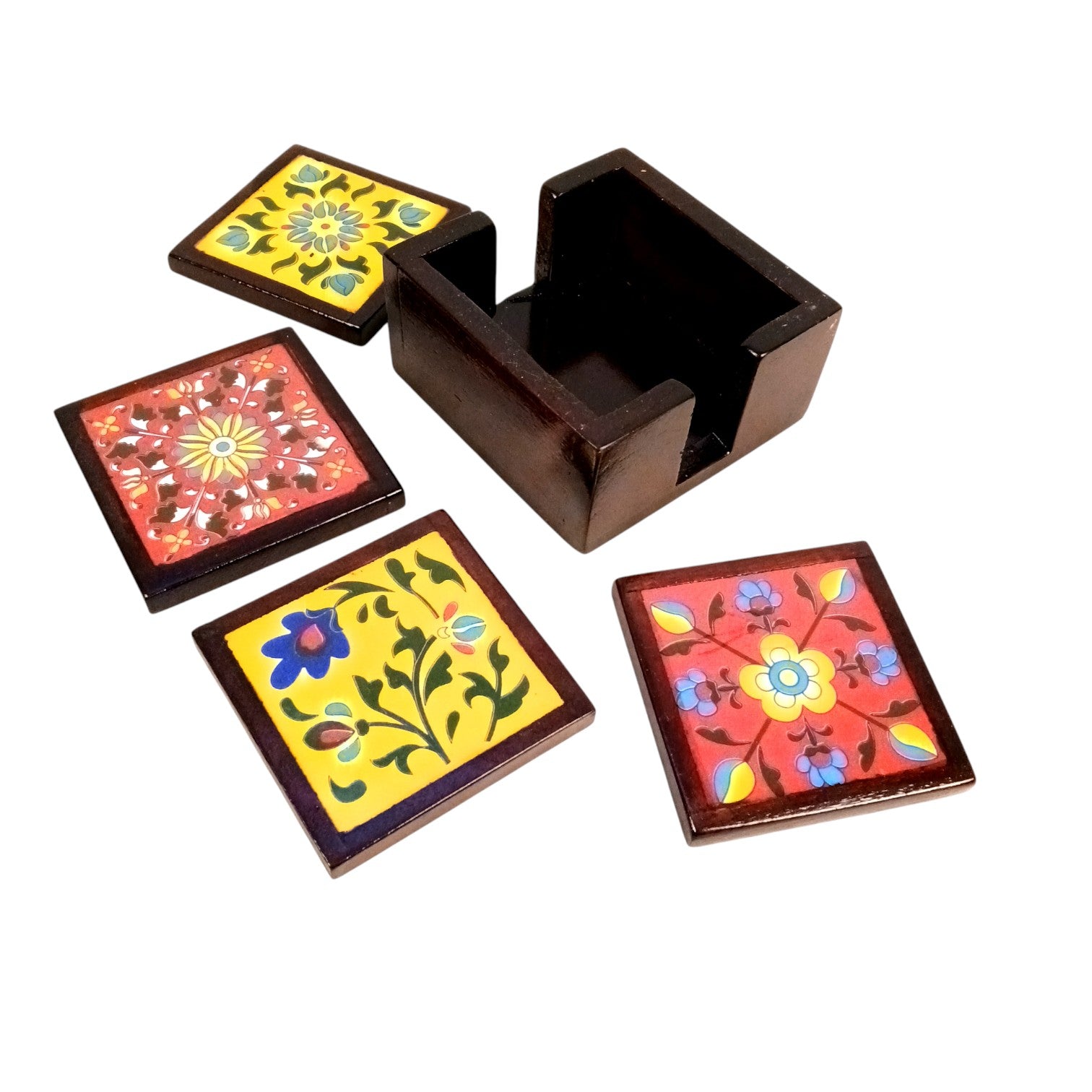 Wooden Tea Coaster Set | Handcrafted Tile Coasters for Tea, Coffee & Drinks | Wooden Table Coasters for Dining, Office, Kitchen & Home Decor - 4 Inch - Apkamart