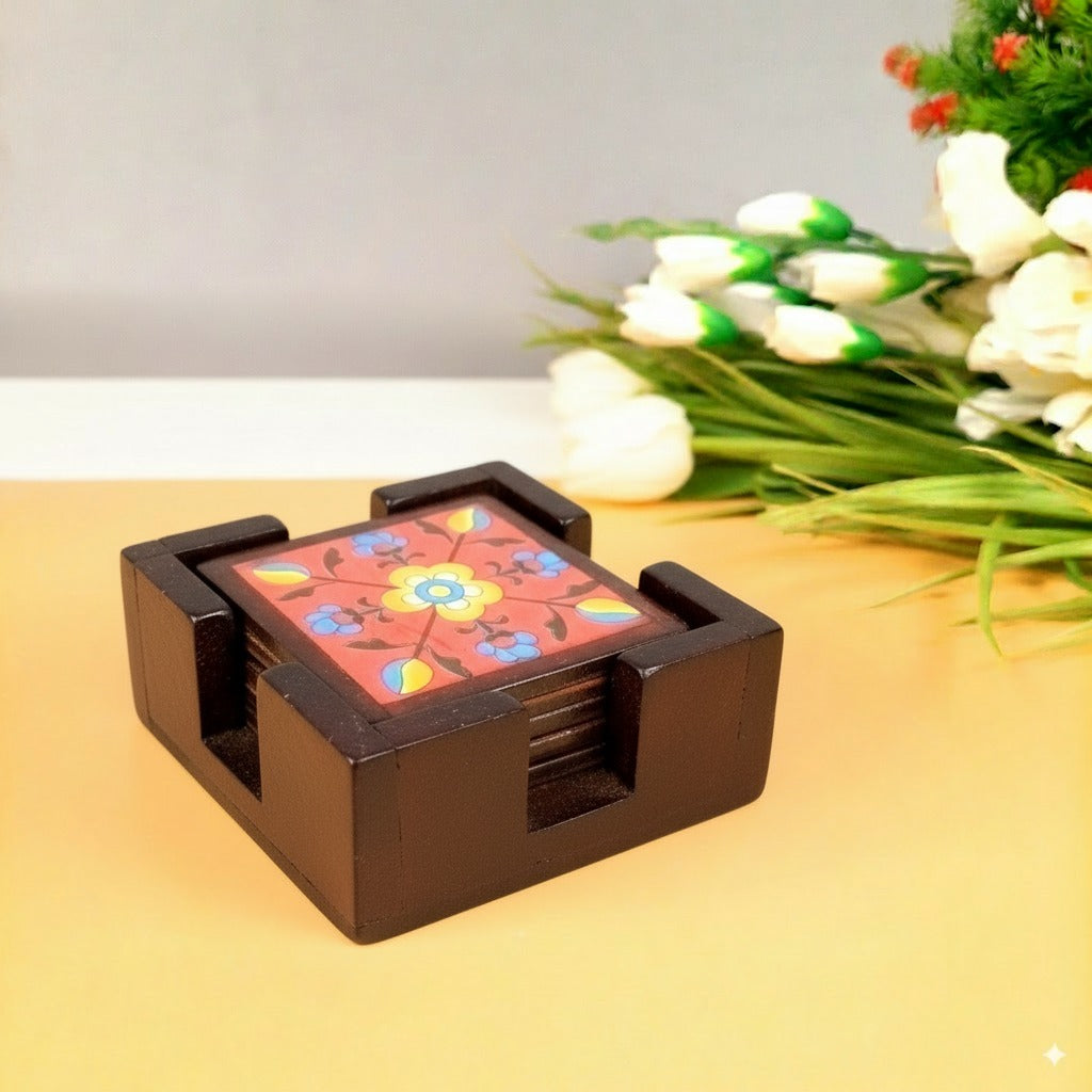 Wooden Tea Coaster Set | Handcrafted Tile Coasters for Tea, Coffee & Drinks | Wooden Table Coasters for Dining, Office, Kitchen & Home Decor - 4 Inch - Apkamart