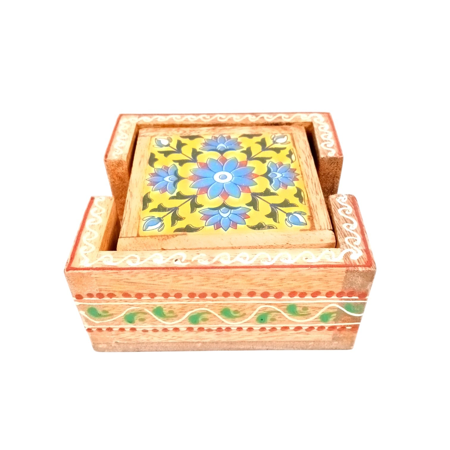 Wooden Tea Coaster Set | Handcrafted Tile Coasters for Tea, Coffee & Drinks | Wooden Table Coasters for Dining, Office, Kitchen & Home Decor - 4 Inch - Apkamart