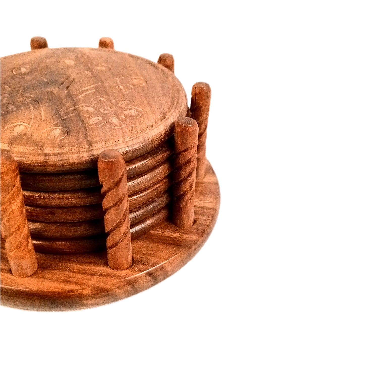 Tea Coasters | Wooden Coffee Coaster Set With Stand | Heat Pad | Dining Table Decor - For Kitchen, Bar, Tables, Hot Pots, Cups, Mugs - 5 Inch - Apkamart