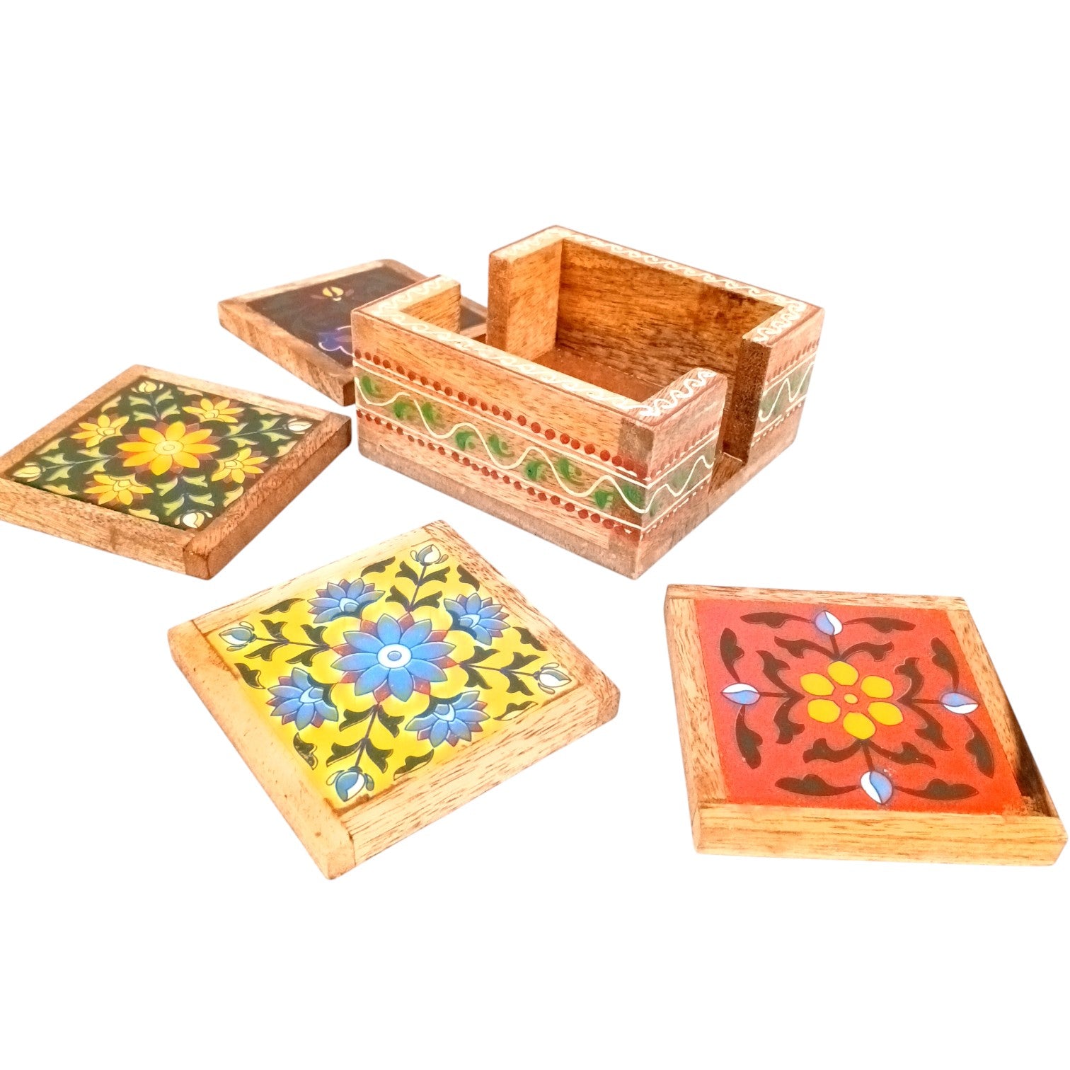 Wooden Tea Coaster Set | Handcrafted Tile Coasters for Tea, Coffee & Drinks | Wooden Table Coasters for Dining, Office, Kitchen & Home Decor - 4 Inch - Apkamart