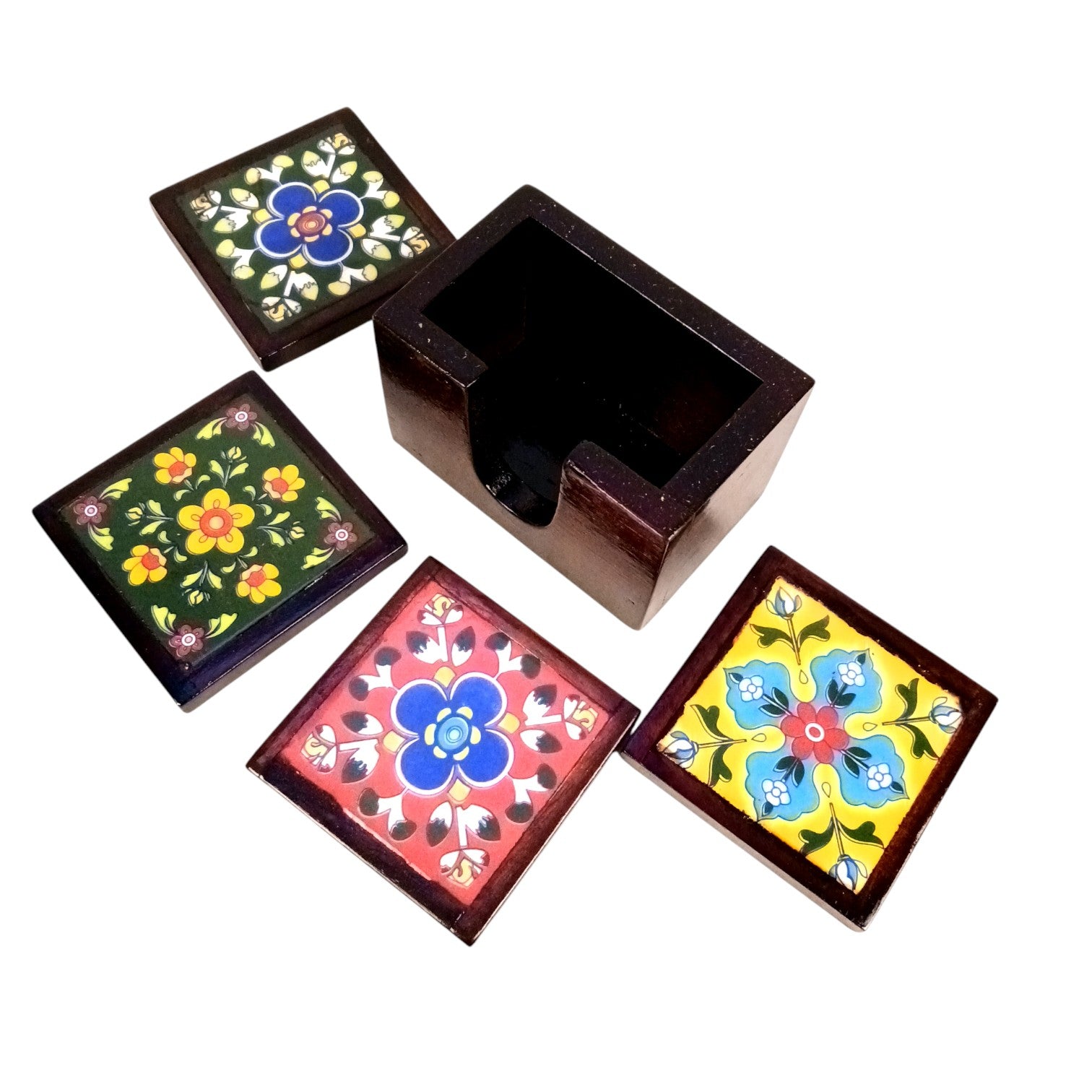 Wooden Tea Coaster Set | Handcrafted Tile Coasters for Tea, Coffee & Drinks | Wooden Table Coasters for Dining, Office & Home Decor - 4 Inch - Apkamart