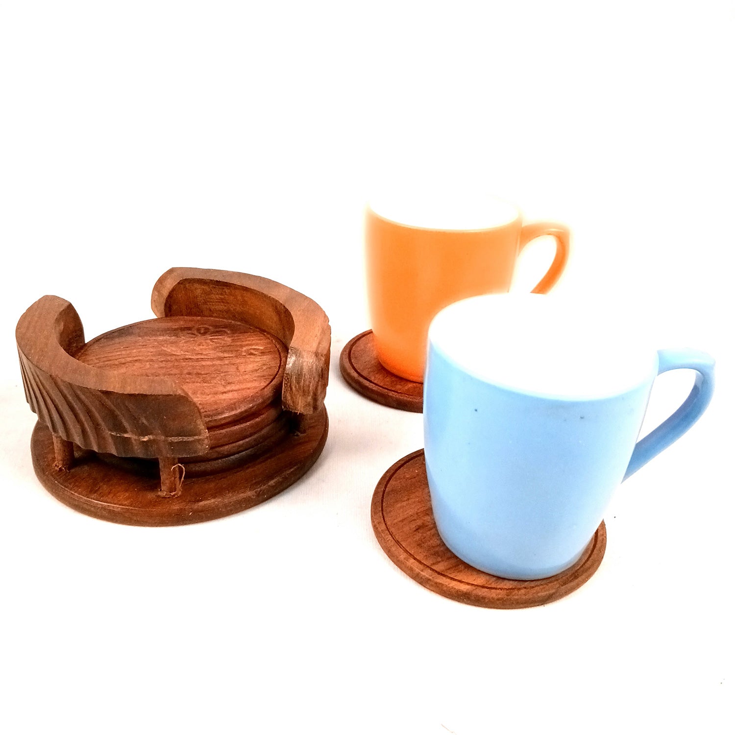 Tea Coasters | Wooden Coffee Coaster Set With Stand | Heat Pad | Dining Table Decor - For Kitchen, Bar, Tables, Hot Pots, Cups, Mugs - 4 Inch - Apkamart